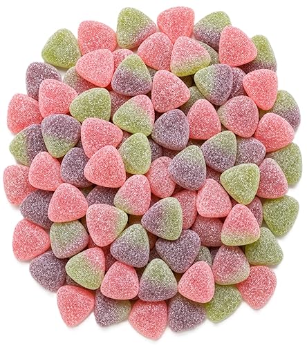 Vegan Sour Fruit Candy - 1 lb Bulk Assorted Watermelon Peach Cherry Sugar Sanded Gelatin Free Gummies. Made with Real Fruit Puree