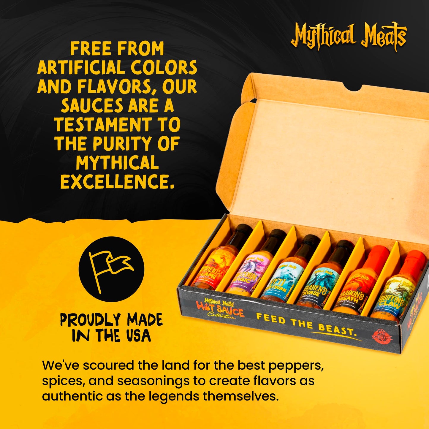 Mythical Meats Hot Sauce 6 Pack Gift Box - Small Batch Made with Natural Ingredients - Gluten Free, Non-GMO - (6) 5 OZ. Bottles