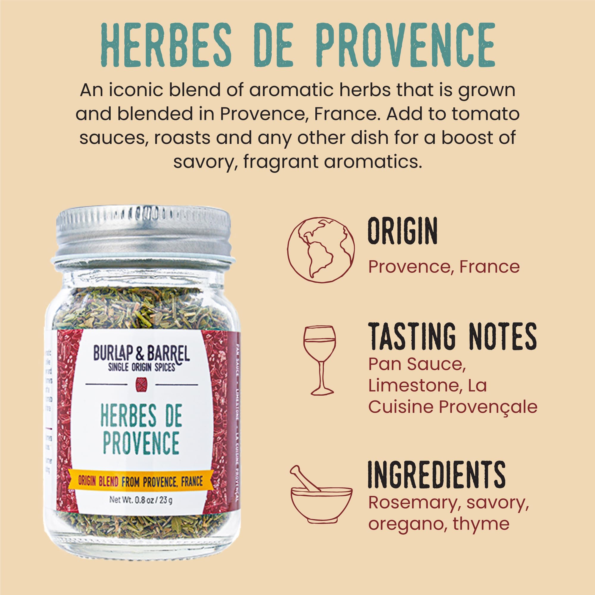 Burlap & Barrel Herbes de Provence - Iconic Herb Blend Grown & Blended in France - Herbes de Provence Seasoning - As Seen on Shark Tank - 0.8oz Glass