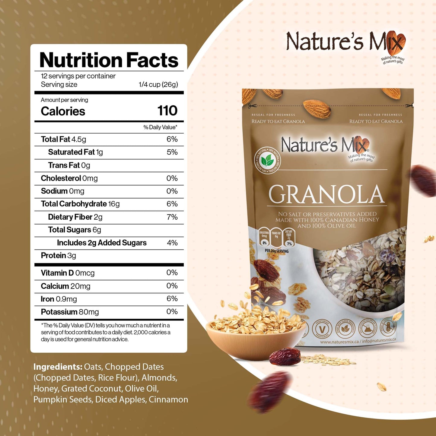 Nature's Mix - Date Square Granola - Oats, Almonds, Dates, Dried Apple, Coconut - Sweetened with Honey - No Added Sugar or Preservatives - Small