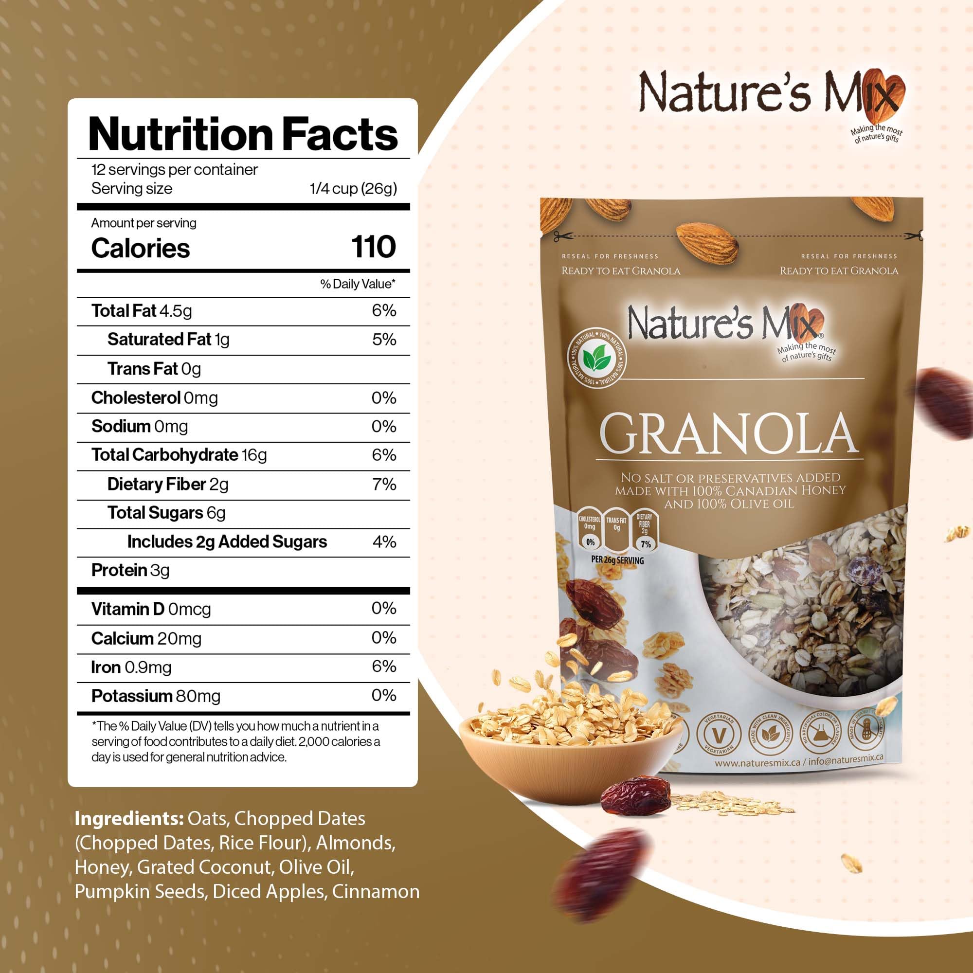 Nature's Mix - Date Square Granola - Oats, Almonds, Dates, Dried Apple, Coconut - Sweetened with Honey - No Added Sugar or Preservatives - Small