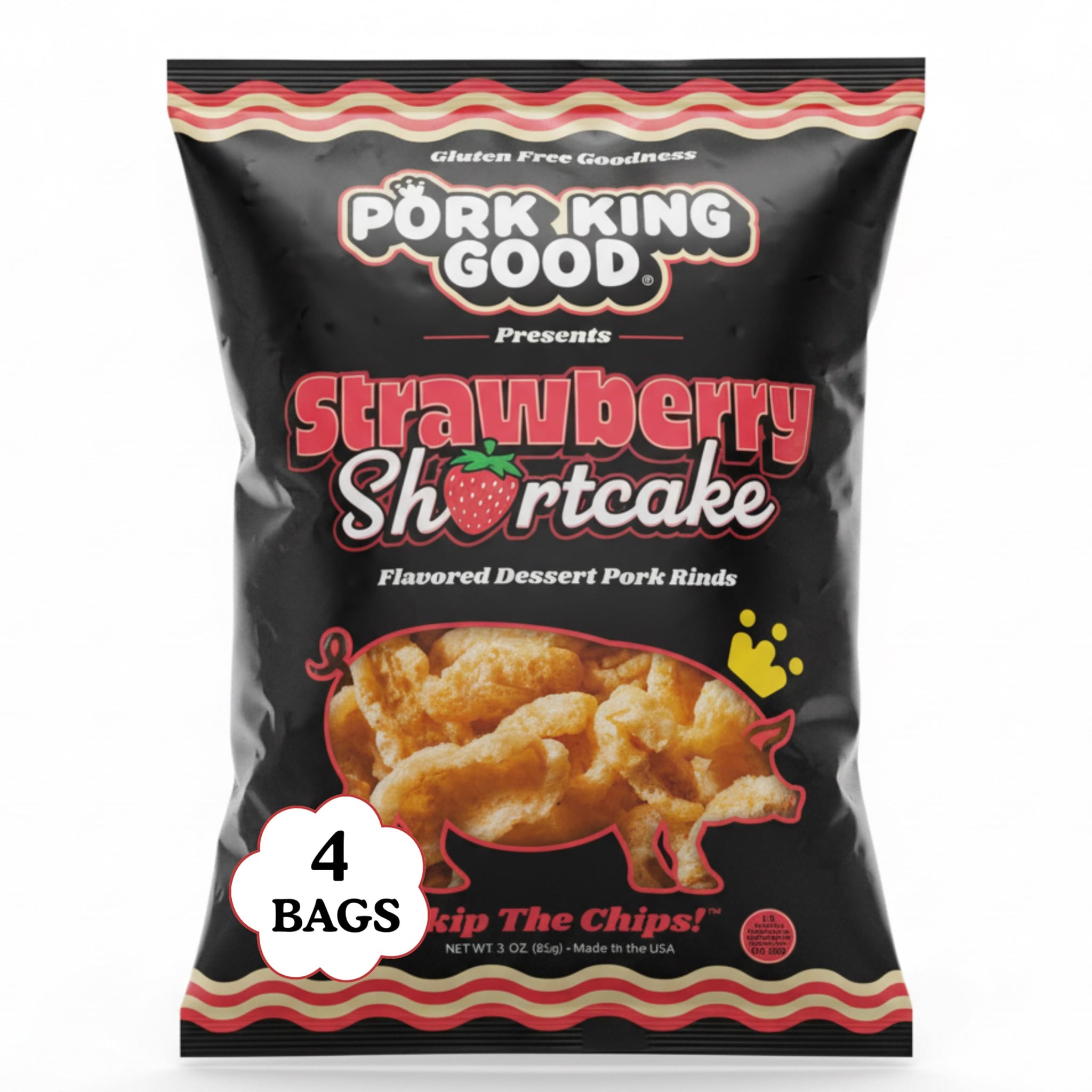 Pork King Good Strawberry Shortcake Pork Rinds (4 Pack), 3 oz Dessert Flavored Chicharrones, Low Carb and Gluten Free Snacks