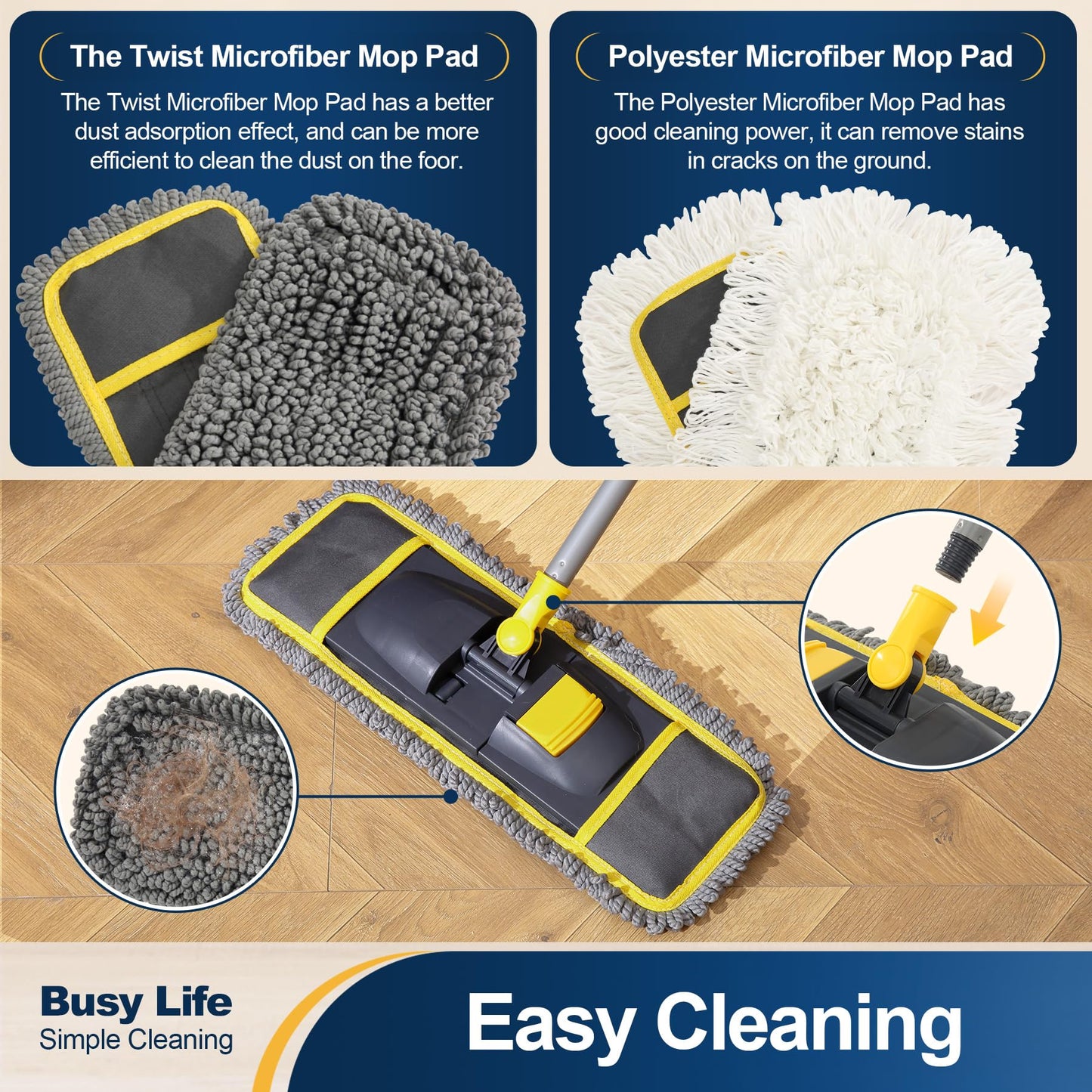 Yocada Dust Mop for Floor Cleaning with 2 Different Mop Pads (in Total) Wet & Dry for Hardwood Ceramic Marble Tile Laminate Home Kitchen 51in Long
