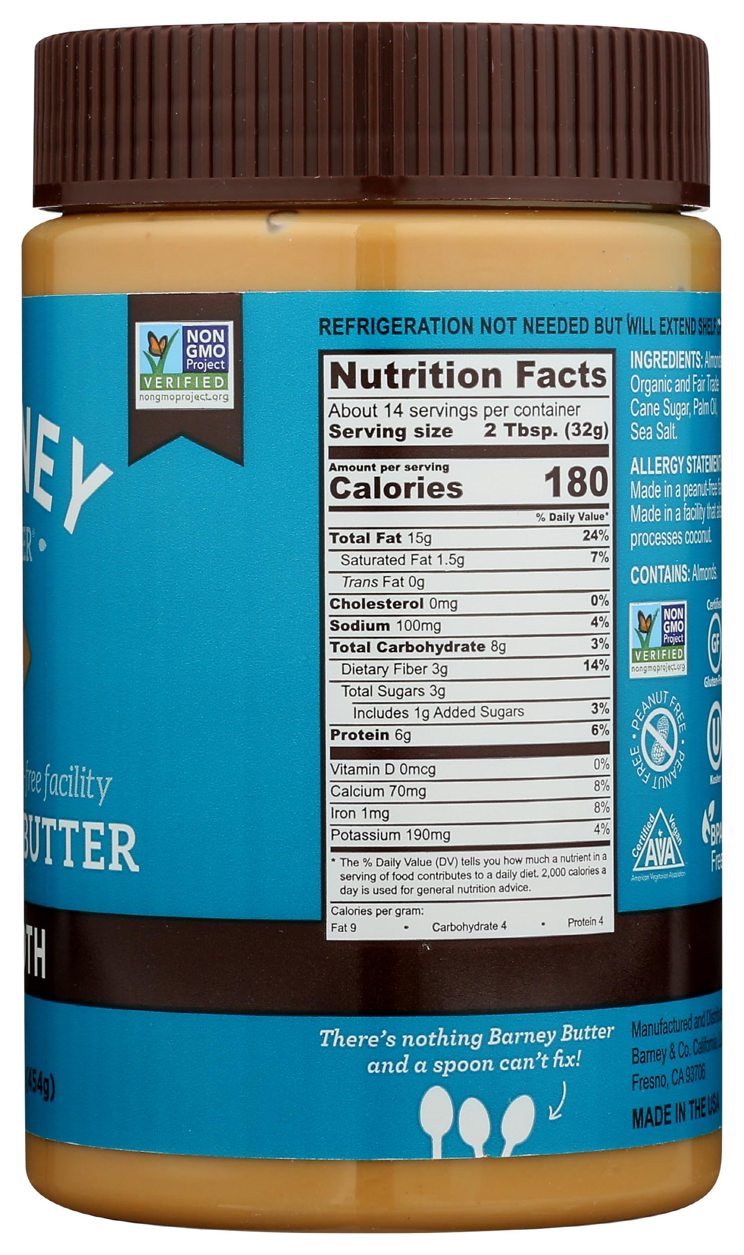 Barney Butter Almond Butter, Smooth, No Stir, Non-GMO, Skin-Free, Paleo Friendly, KETO, 16 Ounce