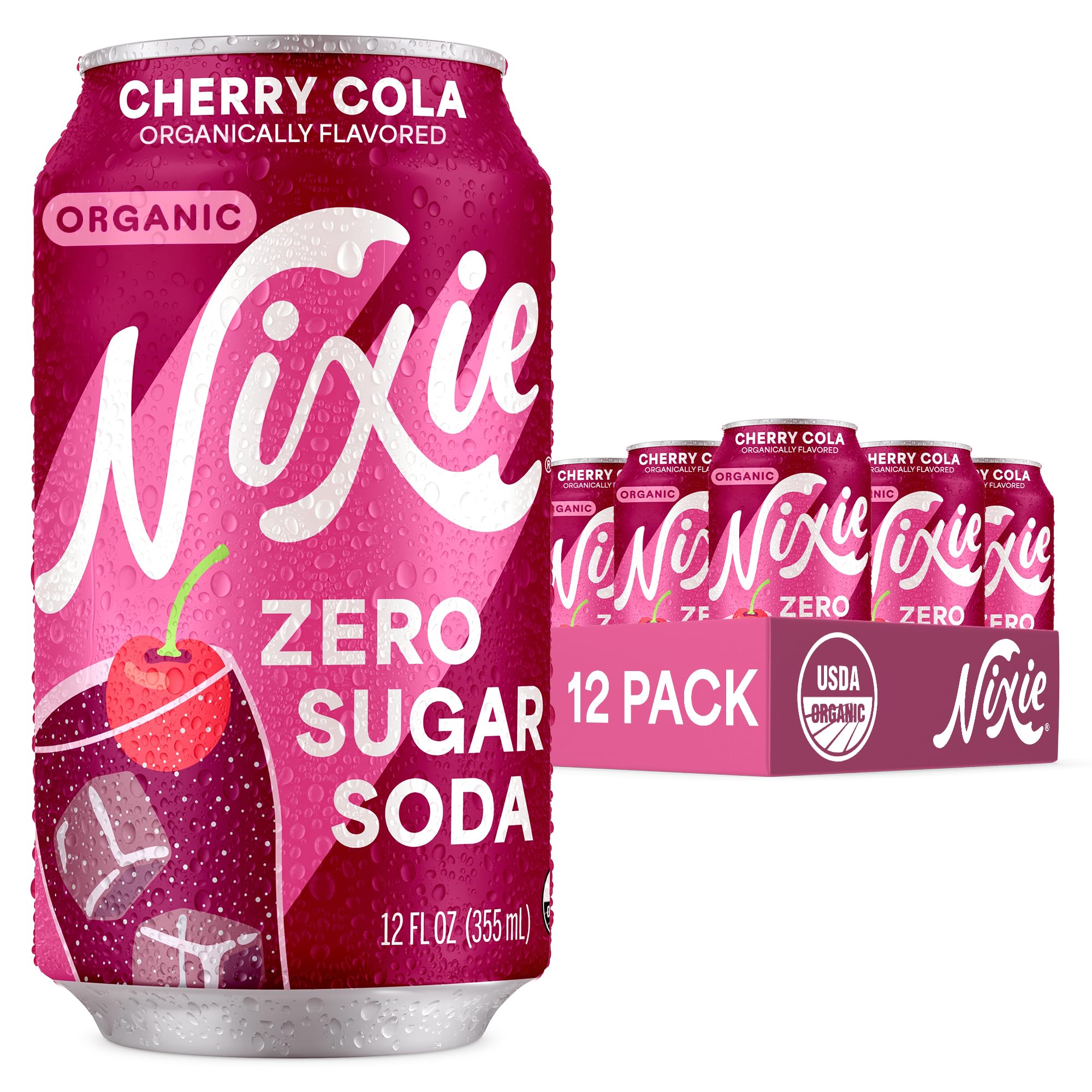 Nixie Organic Zero Sugar Soda, NEW Cherry Cola, Healthy Soda Pop, Non-GMO, 0 Sugar, 0 Calories, 40mg Caffeine, 12oz Cans (12 Pack)