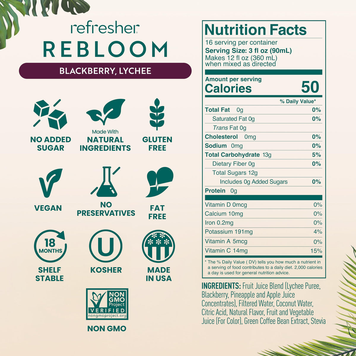 Smartfruit Rebloom Refresher Concentrate - Blackberry Lychee - Made with Real Fruit Juice, Just Add Ice and Water, No Added Sugar, Coconut Water