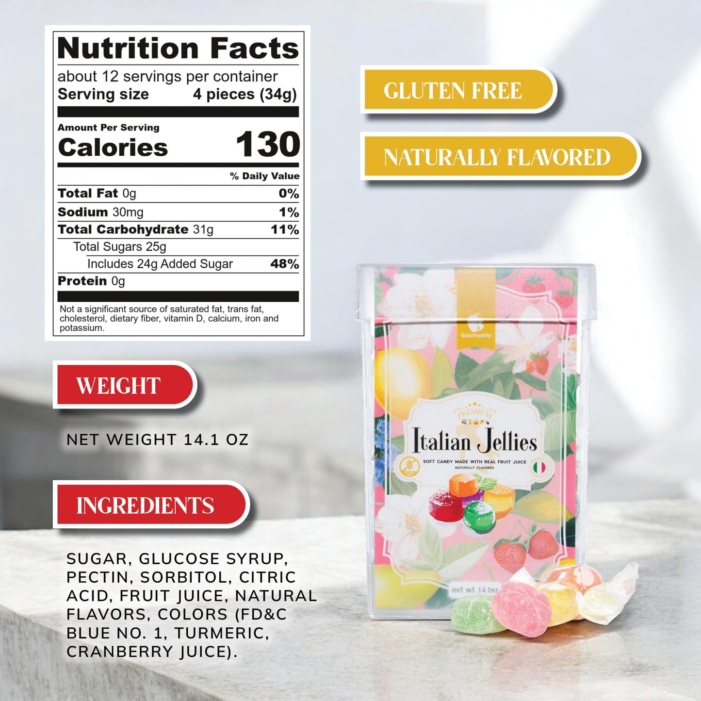 Gourmanity Italian Jelly Fruit Candy With Real Fruit Juice, Soft Bite Authentic Italian Candy, Individually Wrapped Gourmet Candy, In a Giftable