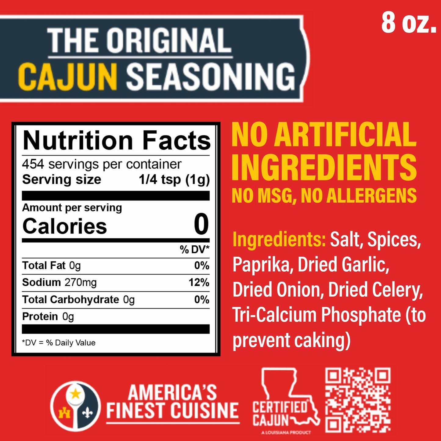 Ragin' Cajun Original Cajun Seasoning - 8 oz Shaker, Pack of 2, Low Sodium, No MSG - Authentic Louisiana Spice for Meats & Seafood
