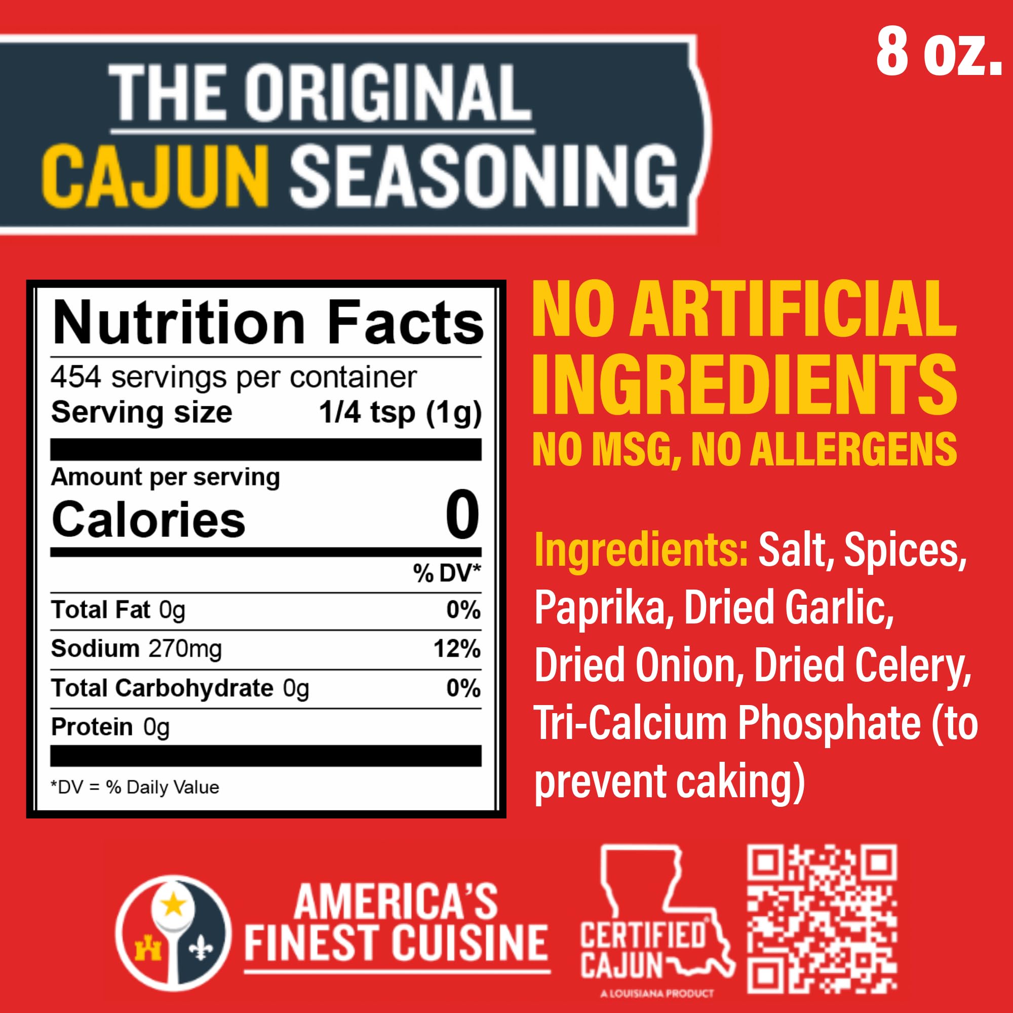 Ragin' Cajun Original Cajun Seasoning - 8 oz Shaker, Pack of 2, Low Sodium, No MSG - Authentic Louisiana Spice for Meats & Seafood