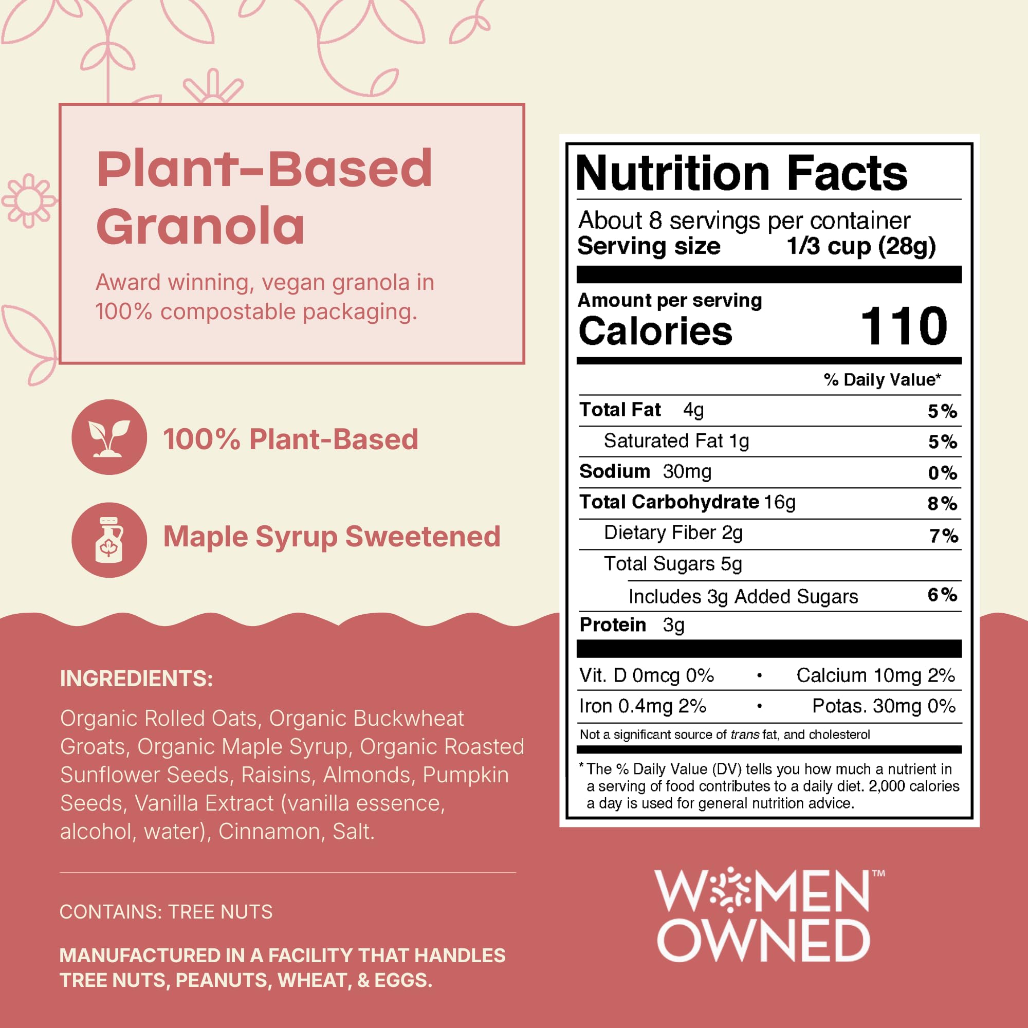 Rooted Living Maple Almond Granola, 8 Oz, Organic Rolled Oats and Sweetened with Maple Syrup, Healthy Vegan Snack, Topping, or Breakfast, Plant Based
