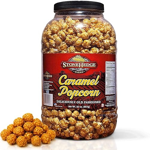 Stonehedge Farms Caramel Flavored Popcorn | 32 oz Large Tub | Perfect for Holidays and Christmas | Bulk Gourmet Popped Sweet Snacks | Carmel Pop Corn