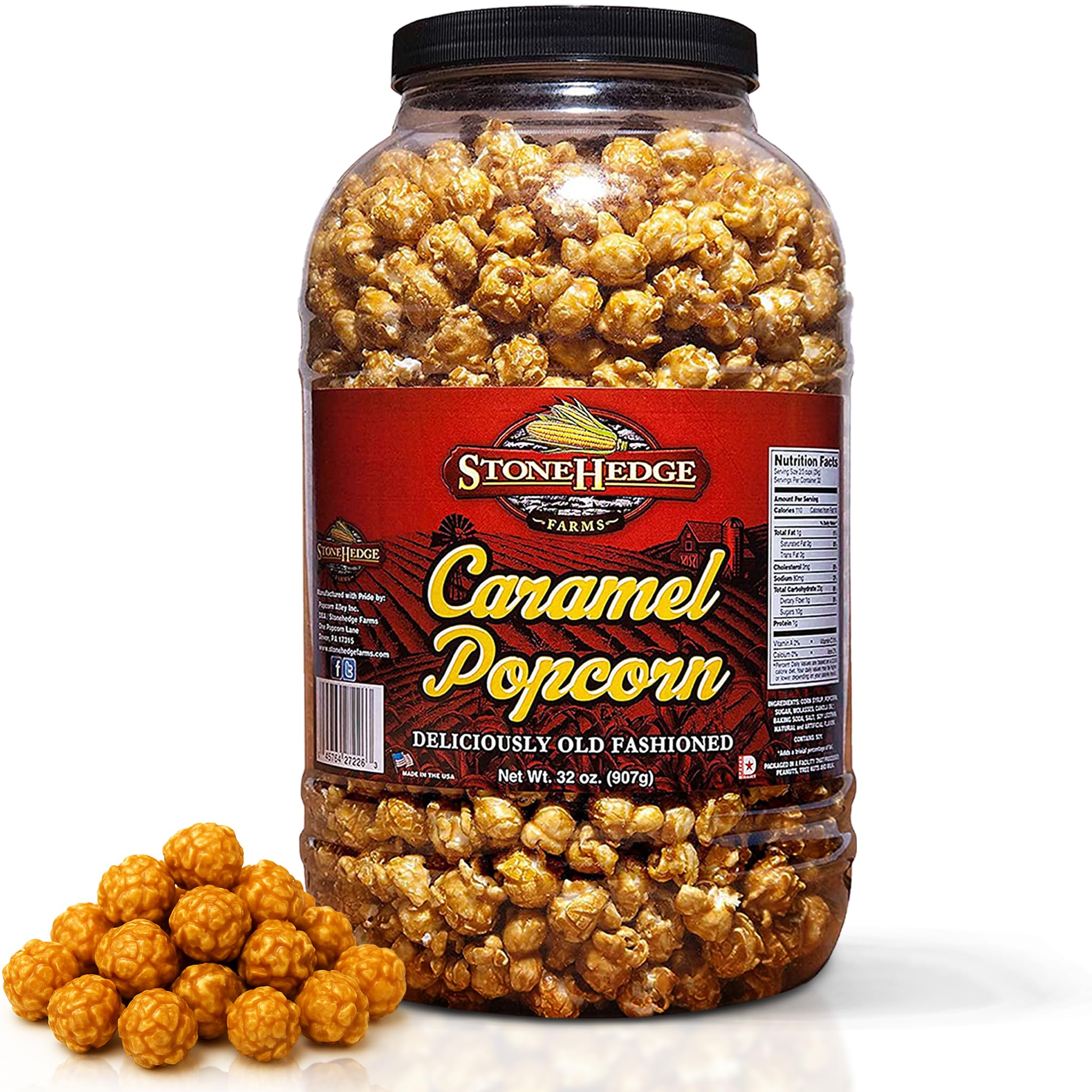 Stonehedge Farms Caramel Flavored Popcorn | 32 oz Large Tub | Perfect for Holidays and Christmas | Bulk Gourmet Popped Sweet Snacks | Carmel Pop Corn