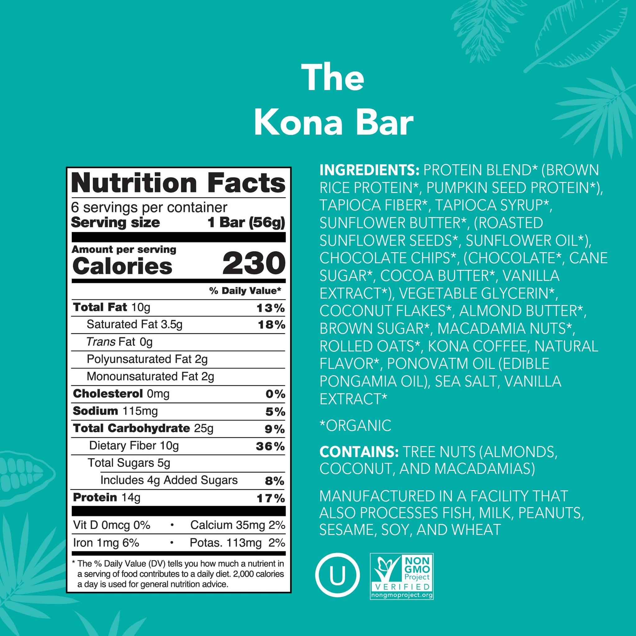 ALOHA Organic Plant Based Protein Bars | The Kona Bar - Special Edition | 6 Count, 1.98oz Bars | Vegan, Low Sugar, Gluten Free, Paleo, Low Carb
