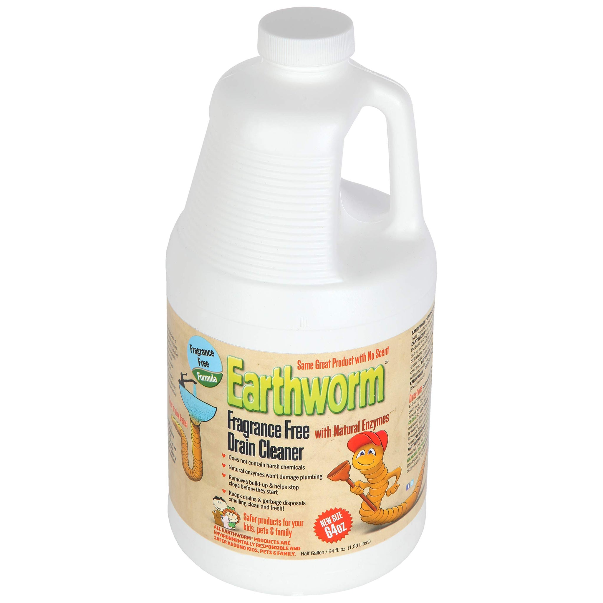 Earthworm Fragrance Free Drain Cleaner - Drain Opener - Natural Enzymes, Environmentally Responsible, Safer for Pets and Kids - 1 Half Gallon, 64 oz