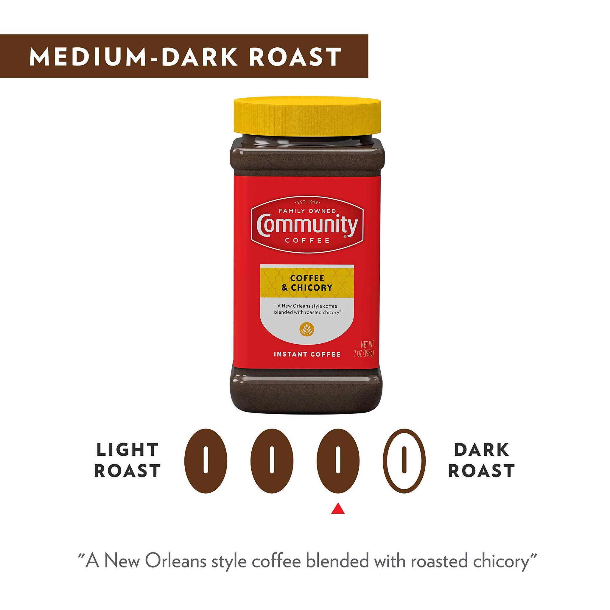 Community Coffee Coffee and Chicory Instant Coffee, Medium Dark Roast, 7 oz Jar (Pack of 4)