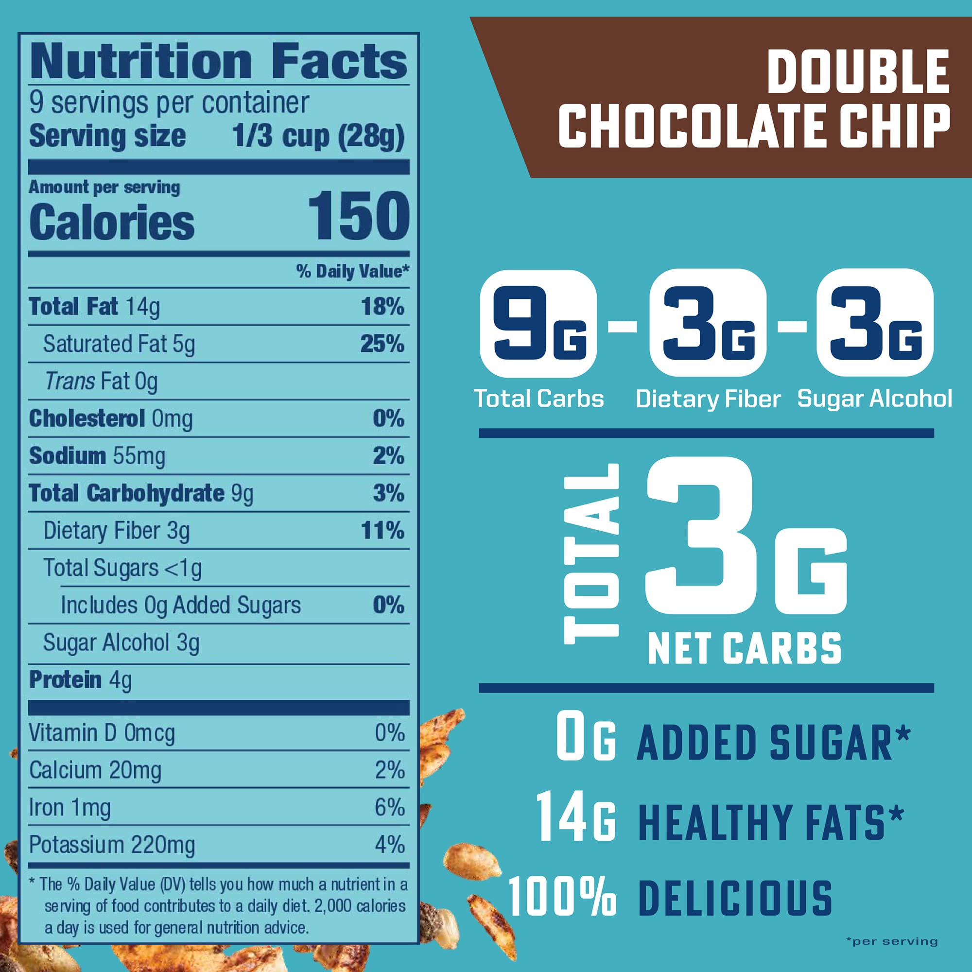 B. Fine Foods - Keto Granola High Protein Snack - Double Chocolate Chip - Breakfast Blend of Coconut, Seeds & Nuts - 3g Net Carbs, Gluten