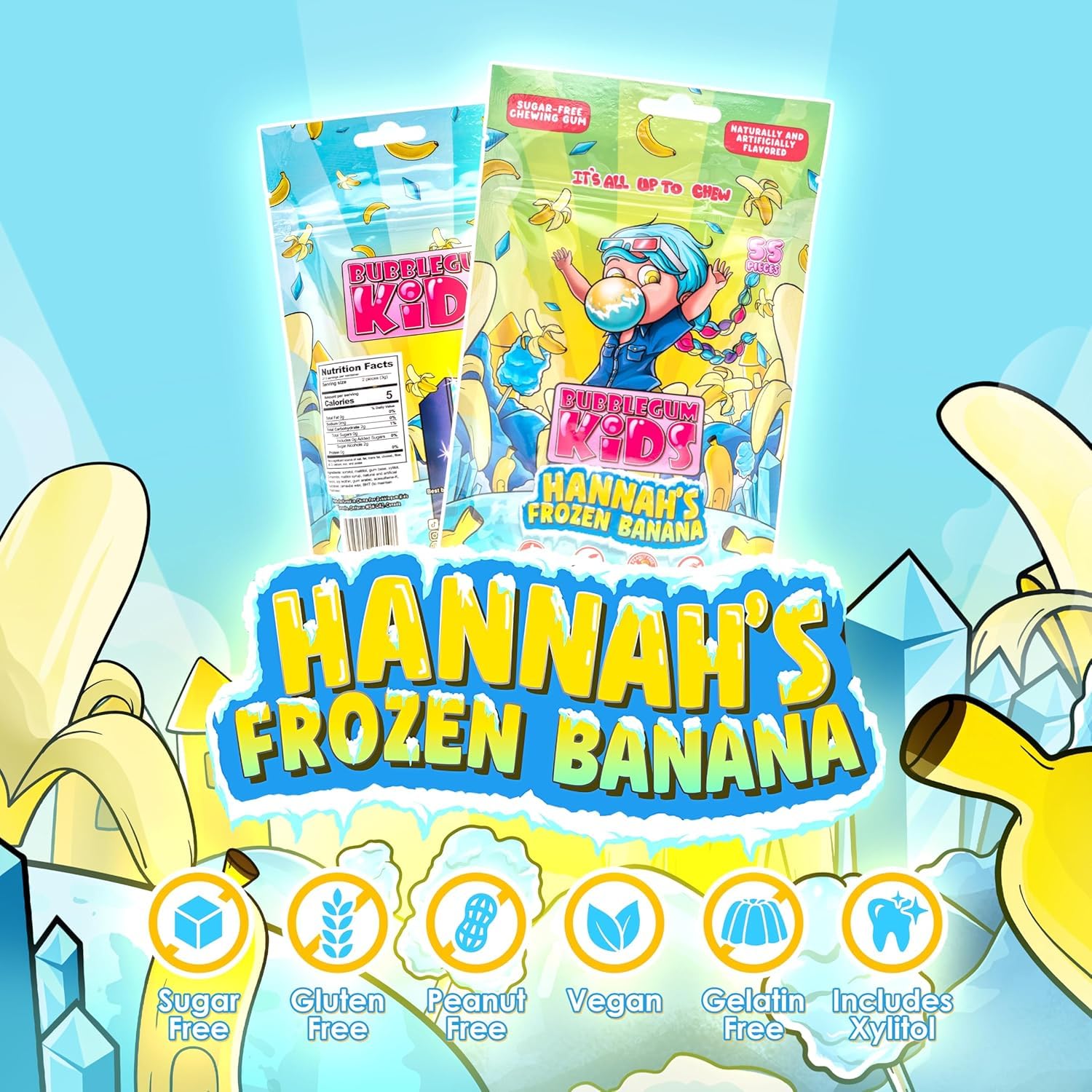 Bubblegum Kids Hannah's Frozen Banana Sugar Free Gum | Sugarless Gum with Xylitol | Vegan, Peanut Free, Low Calorie Candy Alternative for Kids