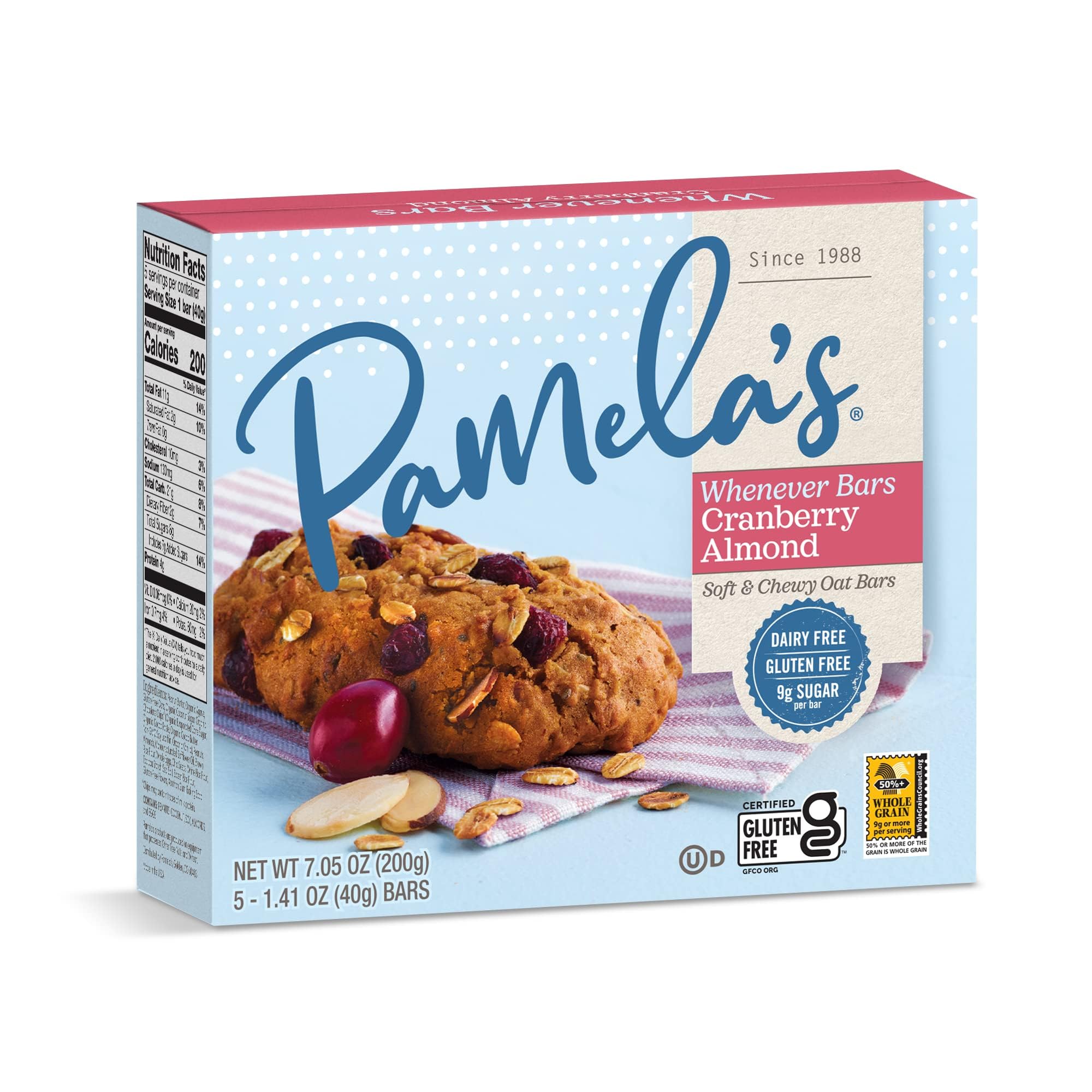 Pamela's Products Whenever Bars, Cranberry Almond, 5 Bars, 1.41 oz (40 g) Each