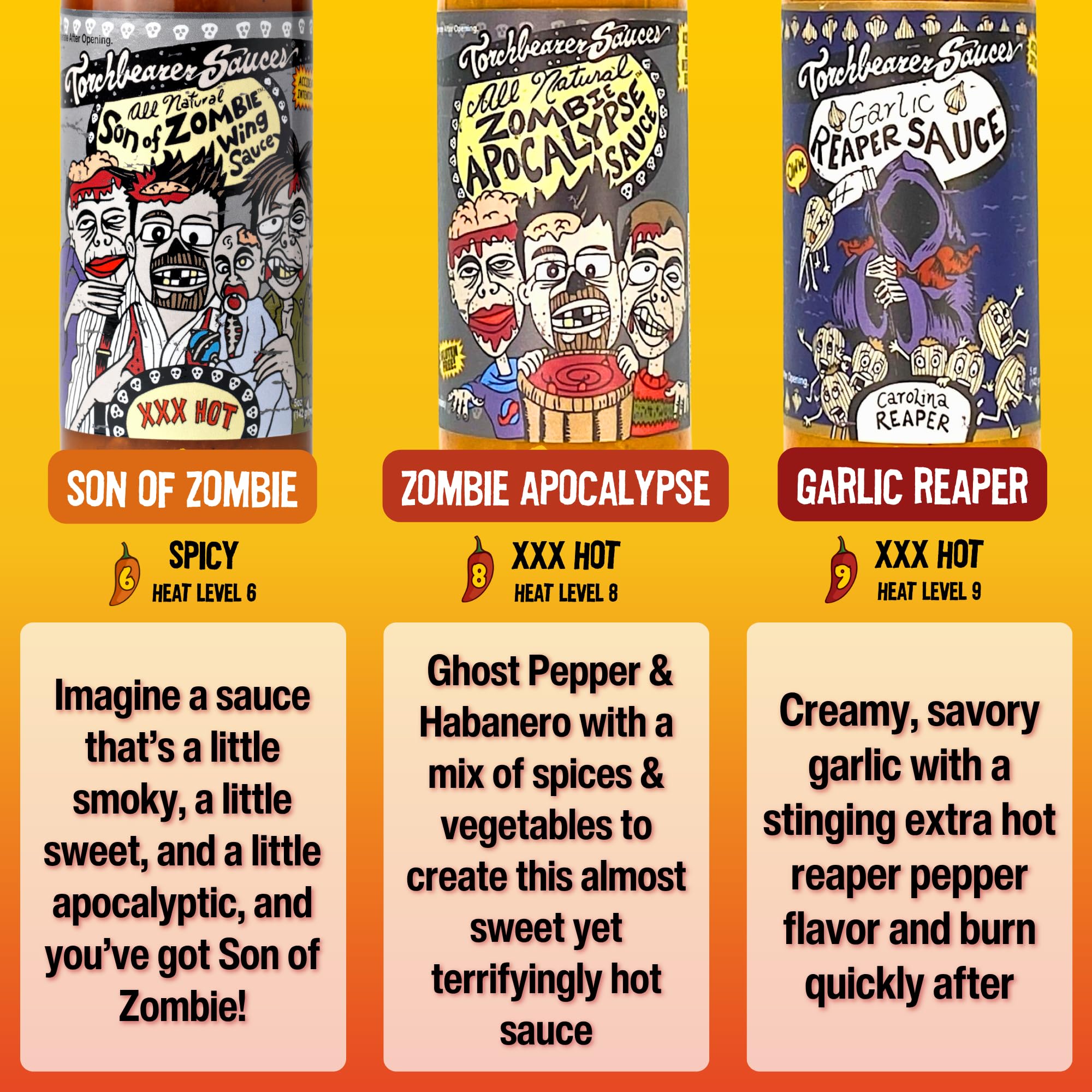 Torchbearer Sauces Hot Sauce Bundle Set, 5 Oz Each: Zombie Apocalypse, Garlic Reaper, & Son of Zombie