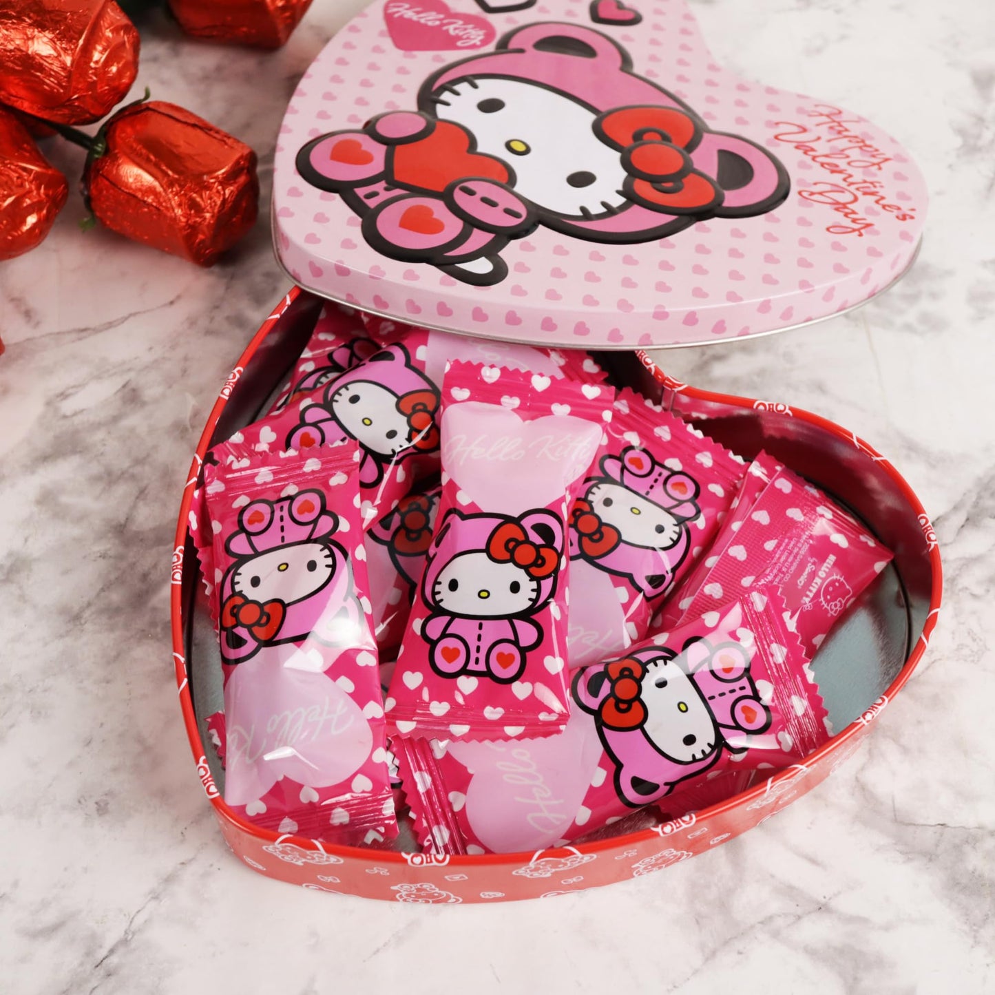 Valentine's Hello Kitty Heart Tin, Individually Wrapped Milk Chocolatey Hearts Inside, Seasonal Candy Gift, 2.12 Ounces