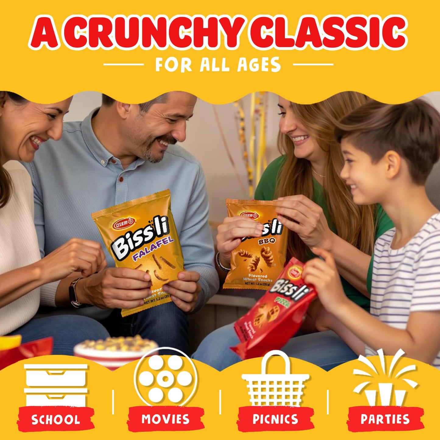 Osem Bissli Variety Pack - 3 Bold Flavors: Falafel, Pizza, BBQ, Baked Flavored Snacks, Crunchy Wheat Snacks for Kids & Adults - 1.23oz Bags (Pack
