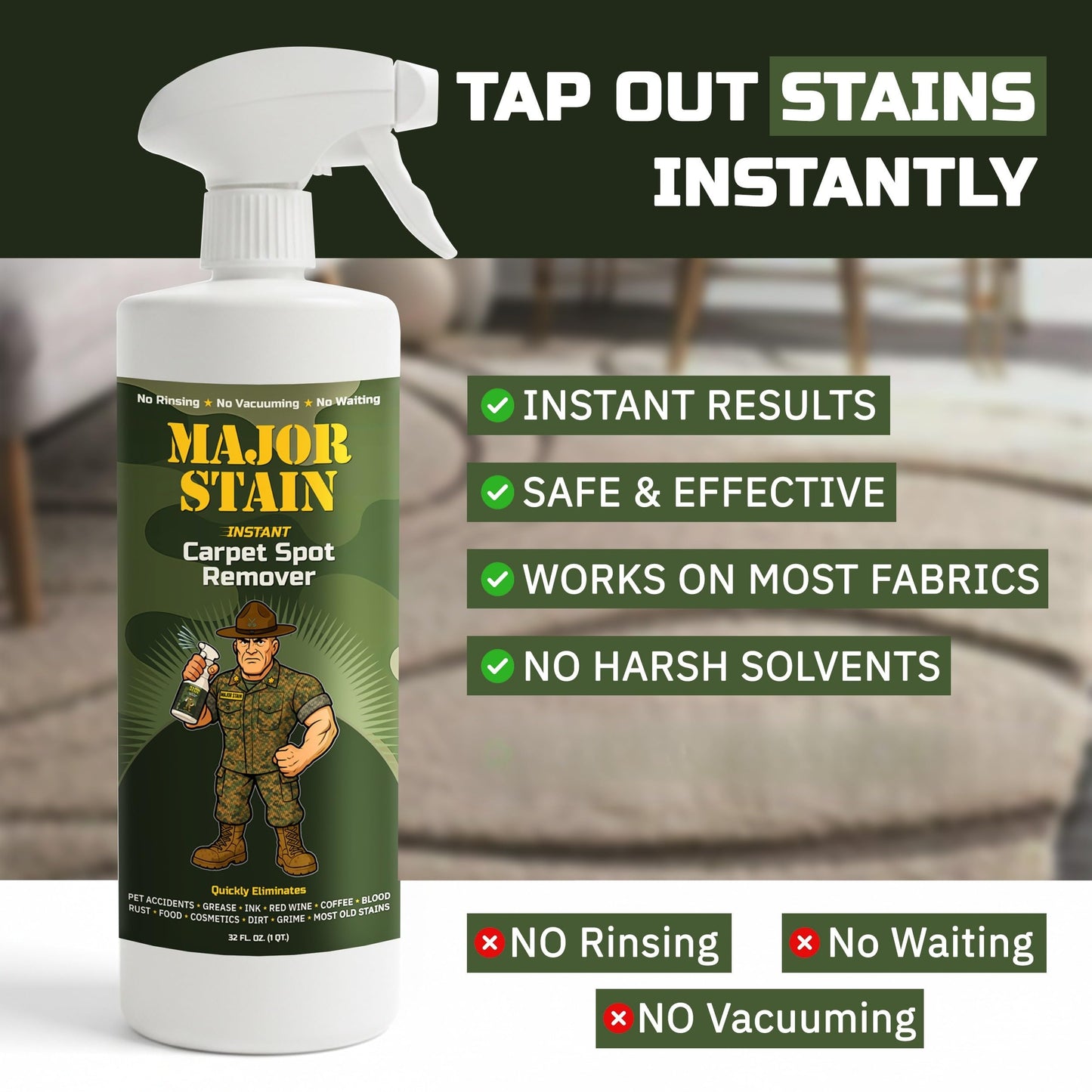 Major Stain Carpet Stain Remover Spray - 32oz - Powerful Carpet Cleaner Spray & Spot Remover for Carpet, Upholstery & Rugs - Removes Wine, Coffee