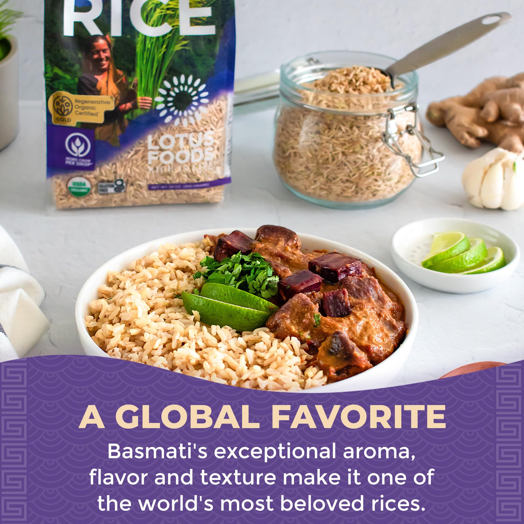 Lotus Foods Regenerative Organic Brown Basmati Rice - Gluten Free Whole Grain Heirloom Rice, Vegan, Non GMO, Use for Curries, Stir Fries, Rice Pudding, Salad, and More - 30 oz Bag (Pack of 3)
