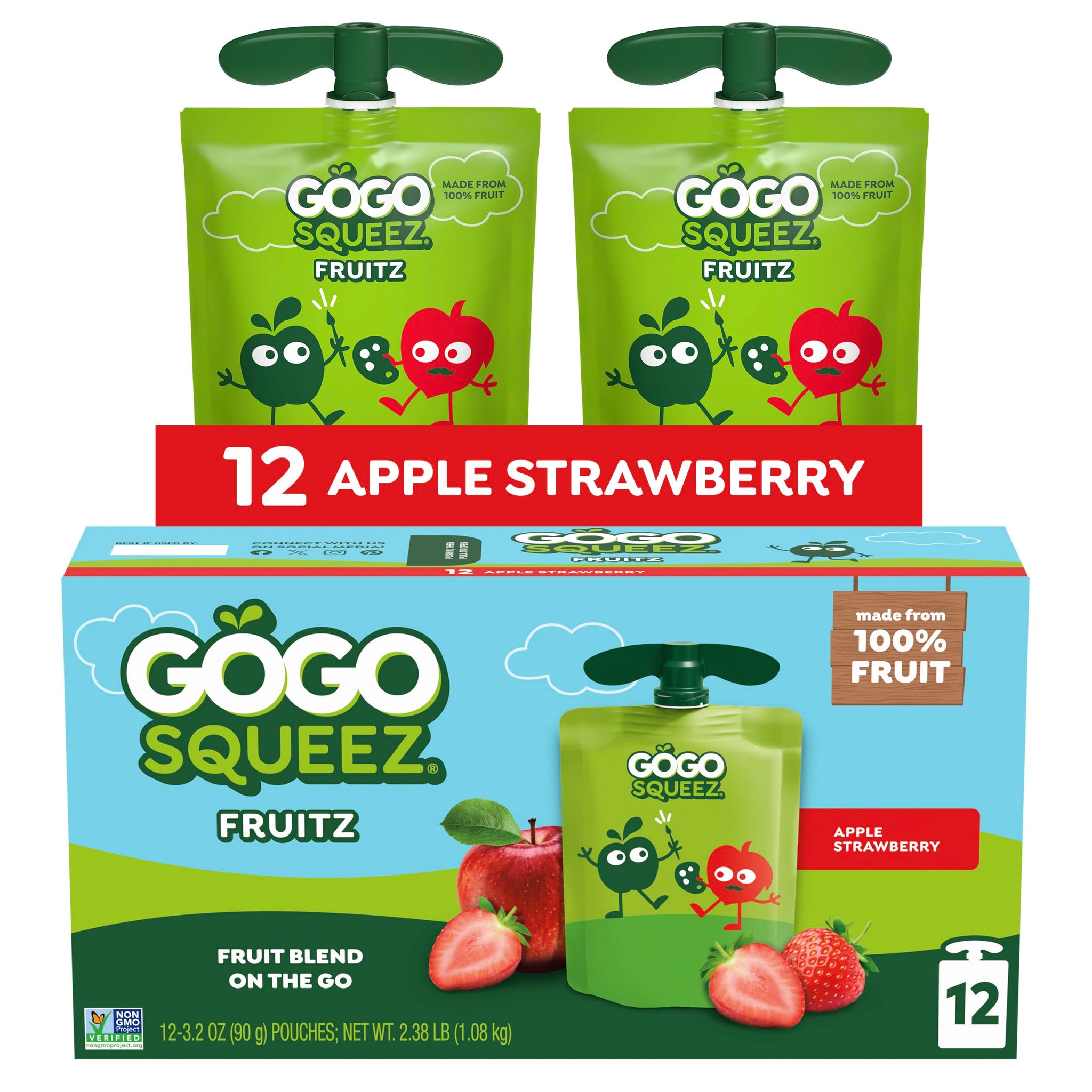 GoGo squeeZ Applesauce and Fruit Puree, Apple Strawberry, 3.2 oz (Pack of 12), Unsweetened Fruit Snacks for Kids, Gluten Free, Nut Free and Dairy