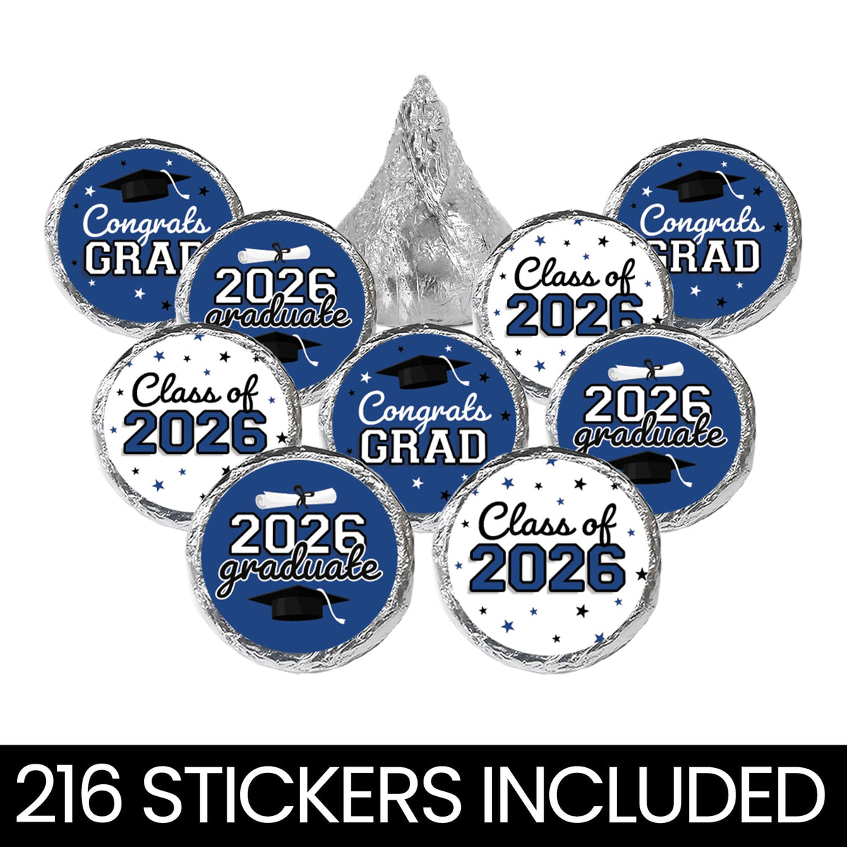 DISTINCTIVS Class of 2026 Graduation Candy Stickers for Chocolate Drops, Blue Grad Party Favors - 216 Count