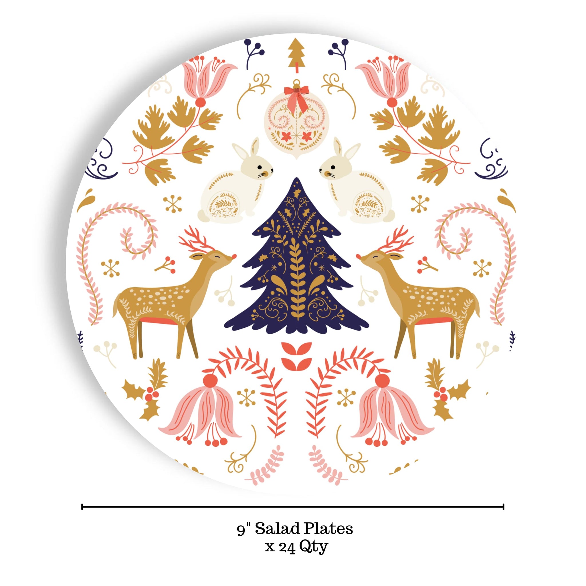 Fabuplates Nordic Woodland Christmas Paper Plates - 24 Count 9” Heavy-Duty Disposable Salad Plates, Reindeer & Bunny Holiday Design, Elegant Party