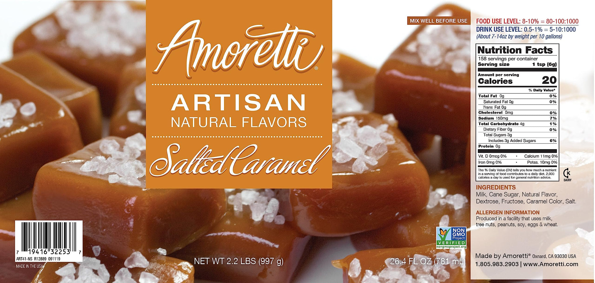 Amoretti - Natural Salted Caramel Artisan Flavor Paste, 8 oz, Perfect For Ice Cream, Beverages, Cakes, and more, Preservative Free, Vegan, Gluten