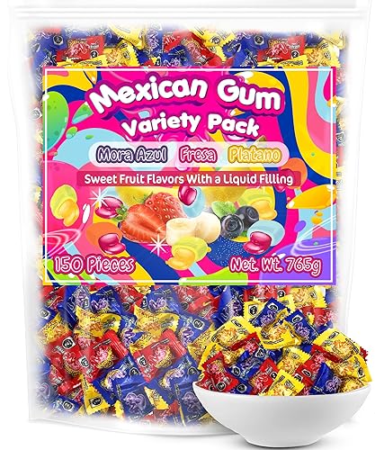 Mexican Bubble Gum Variety Pack, 150 Pcs. Authentic Bubblegum Fruit Flavors, Banana, Strawberry, and Blueberry, by Don Turinos