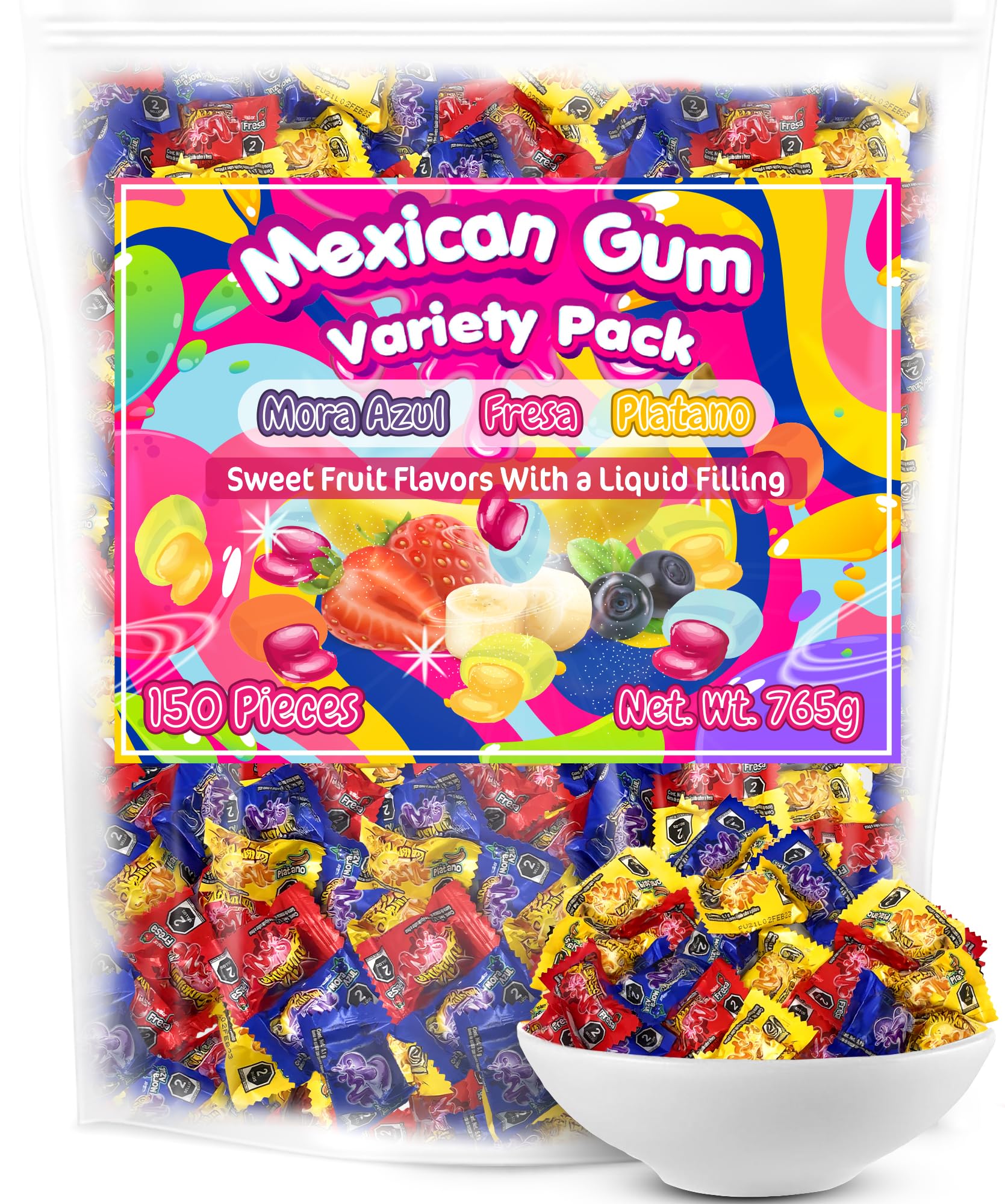 Mexican Bubble Gum Variety Pack, 150 Pcs. Authentic Bubblegum Fruit Flavors, Banana, Strawberry, and Blueberry, by Don Turinos