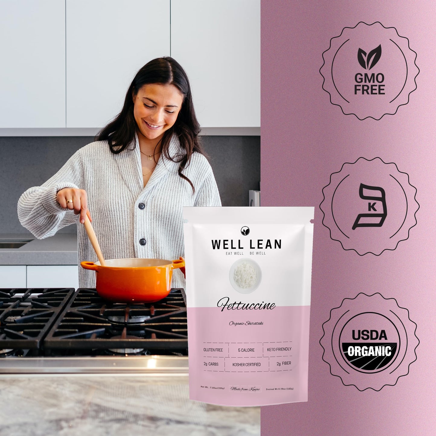 Well Lean Organic Fettuccine, Premium Shirataki Konjac Pasta, USDA Organic, 100% Plant Based, Keto Friendly, Zero Net Carb, Non-GMO, Ready to Eat, Low