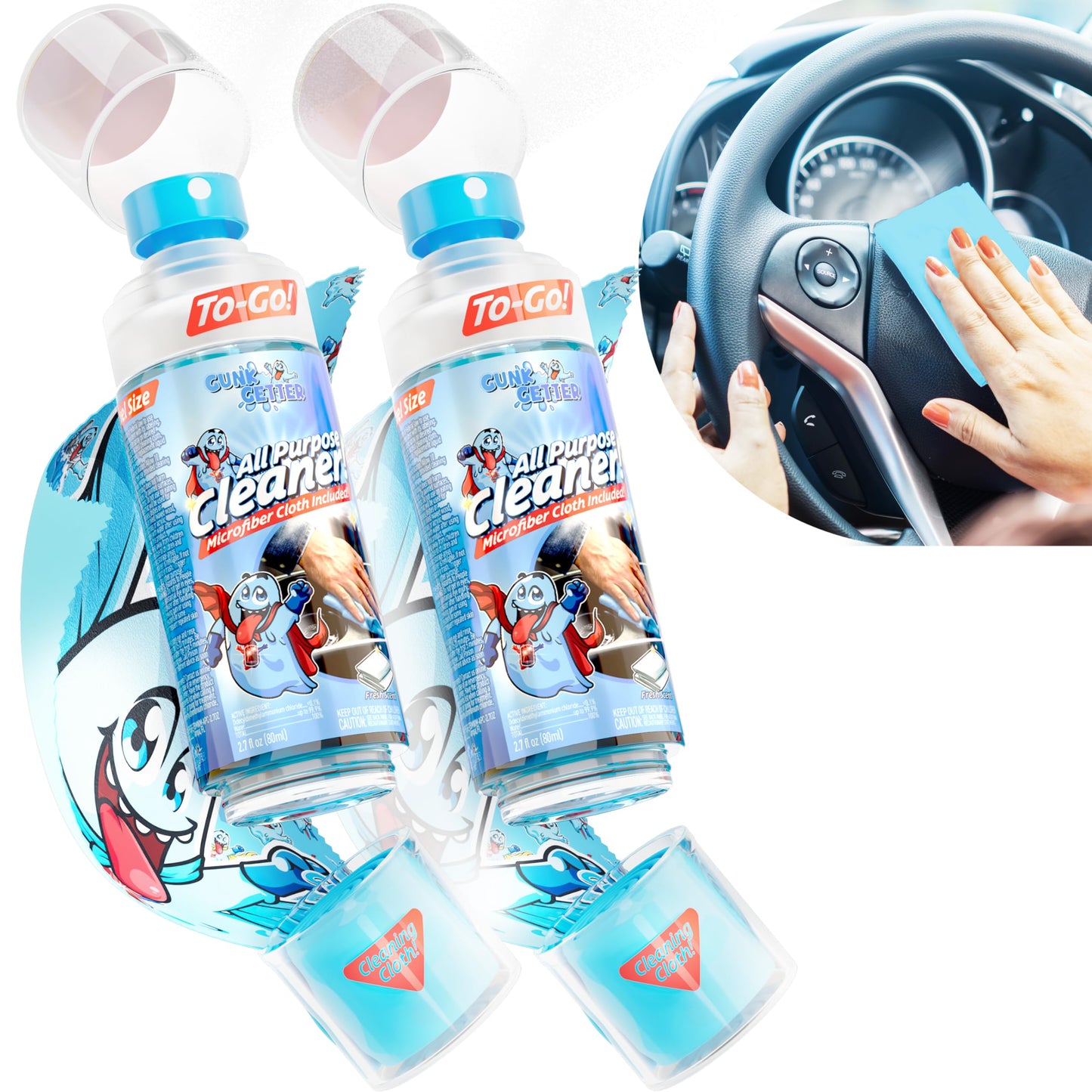Gunk Getter - Travel Spray Bottle With Microfiber Cap - All Purpose Cleaner - Fresh (2 Pack)