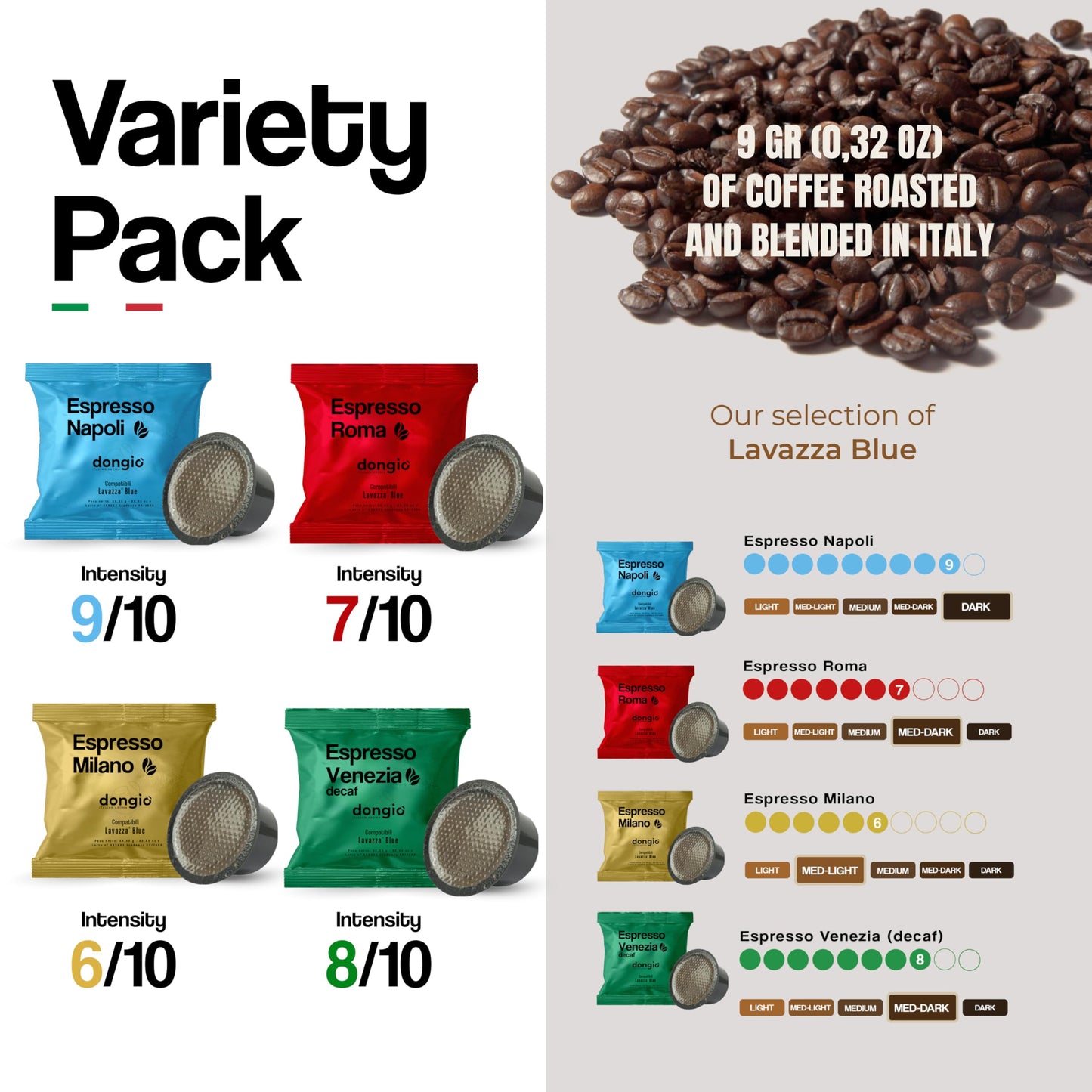 Dongio Caffe Variety Pack Capsules Compatible with Lavazza Blue - 160 Count | Italian Espresso Capsules, Rich Crema, Assorted Roasts, Roasted in Italy