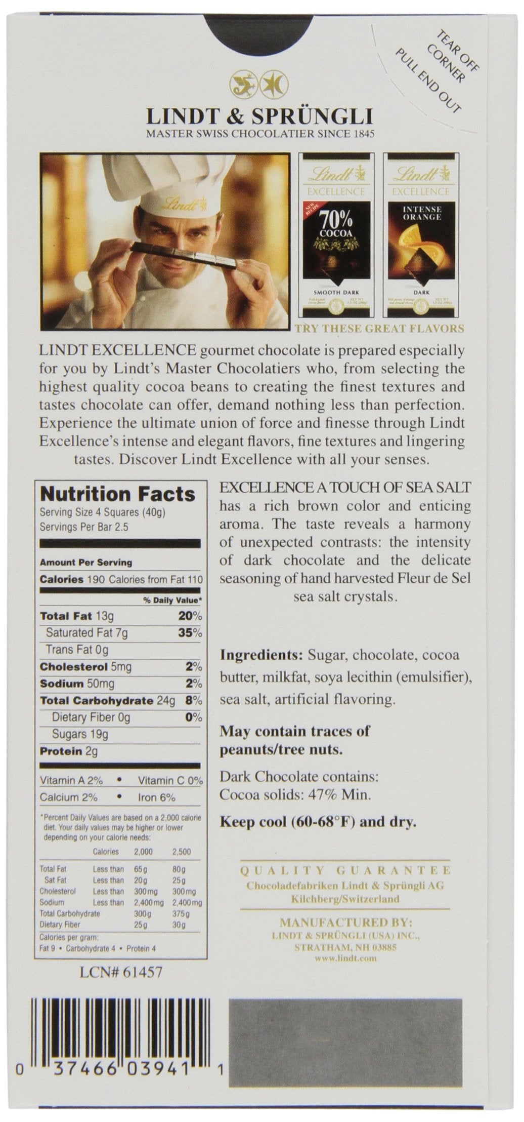 Lindt Excellence A Touch of Sea Salt Dark Chocolate Bar, 3.5oz (Pack of 6)