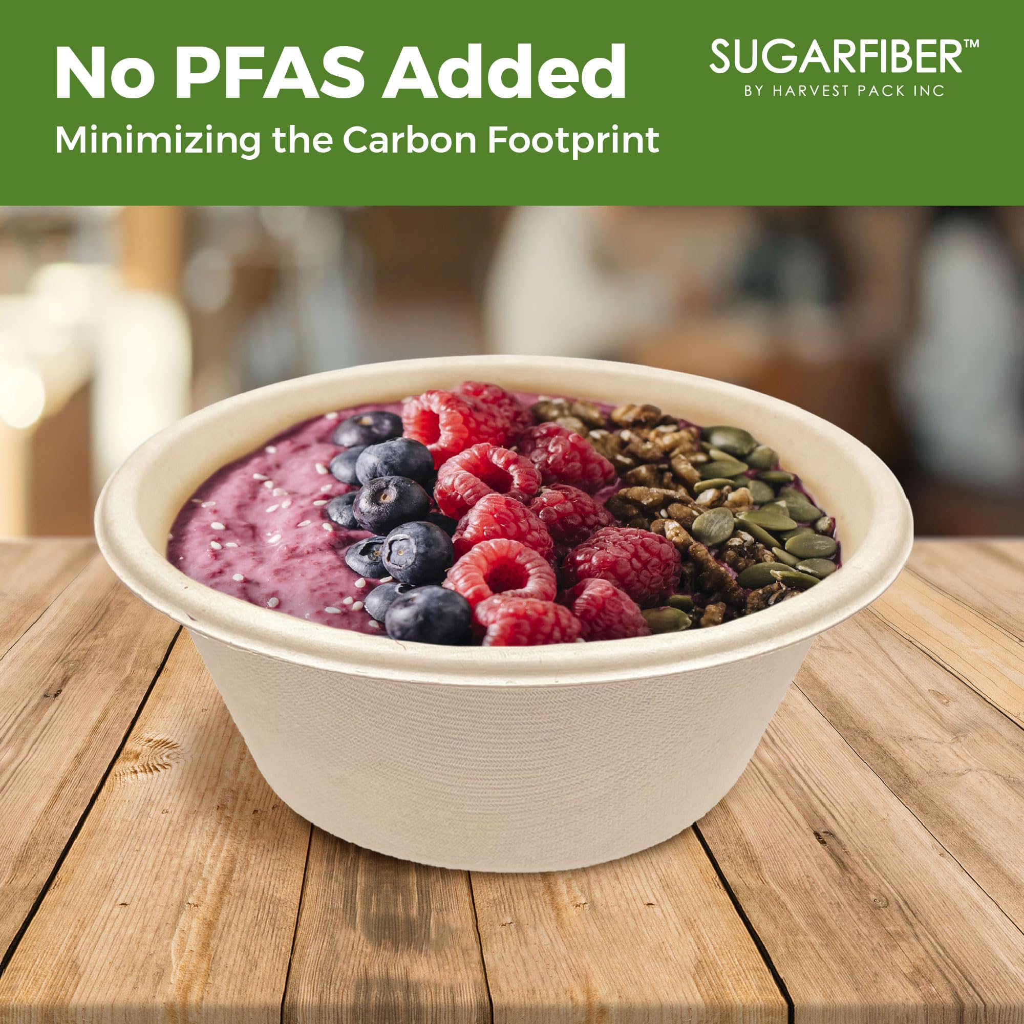 [125 SET]Sugarfiber by Harvest Pack 16oz PFAS FREE Round Paper Bowls with Flat Lids, Heavy-Duty Eco-Friendly Disposable Bagasse Bowls Sugarcane