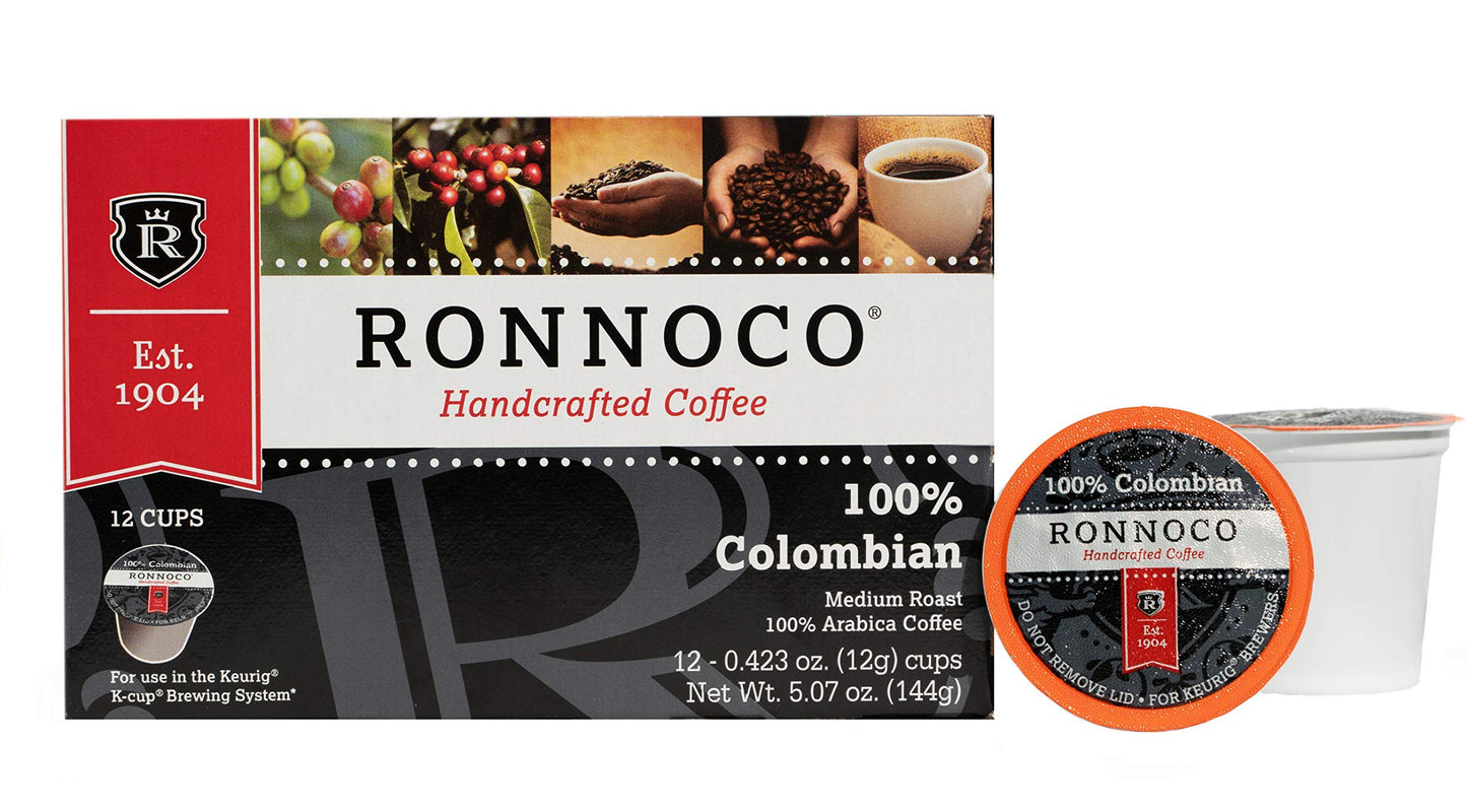 Ronnoco 100% Colombia Supremo Coffee | 12 Count | Handcrafted Medium Roast Coffee Pods | Single-Serve Cups for Coffee Maker at the Office, Hotel, or