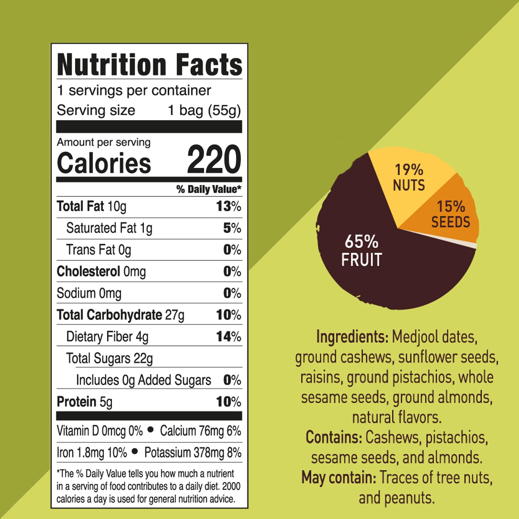 Fruit Nut Seed Healthy Snacks Pack, Cashew Pistachio Medjool Dates Bites, Vegan, Gluten Free, No Sugar Added Energy Bars, 12 Bags (2 oz each)