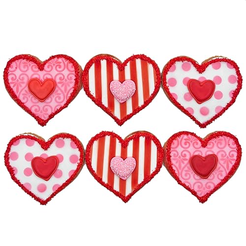 Valentine 6 Heart Cookies- Decorated Crunchy Shortbread Hearts Individually Wrapped With Bow by BakersDozenToGo