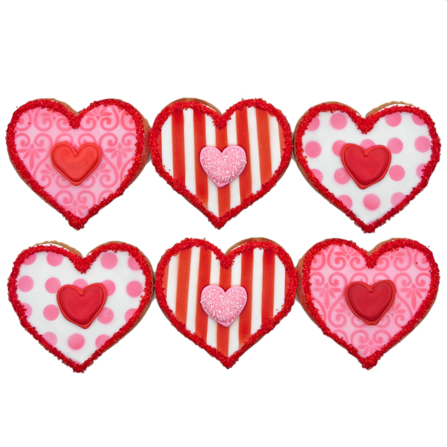 Valentine 6 Heart Cookies- Decorated Crunchy Shortbread Hearts Individually Wrapped With Bow by BakersDozenToGo