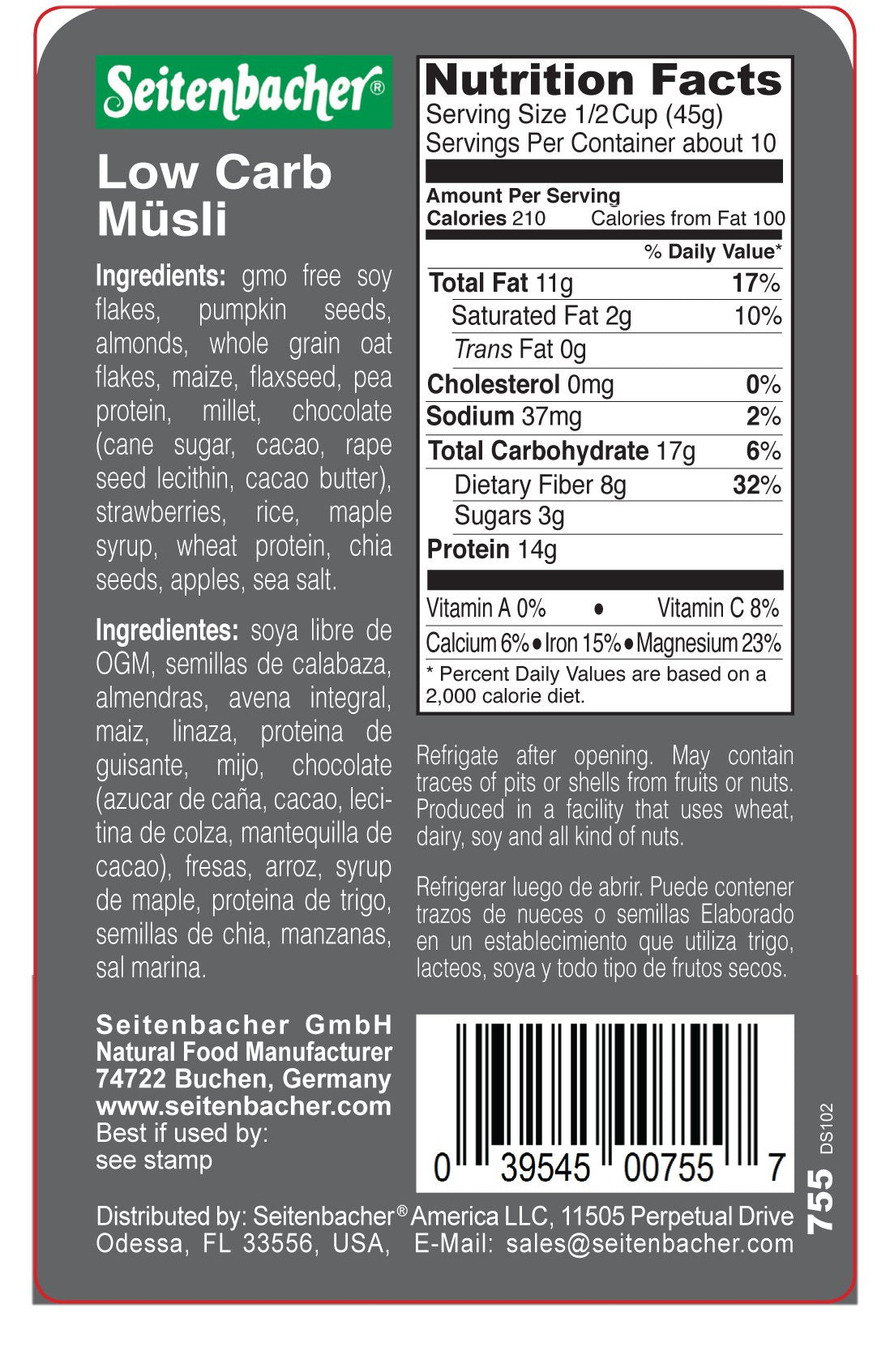 Seitenbacher Low Carb Strawberry & Chocolate Musli, 13.2 Ounce