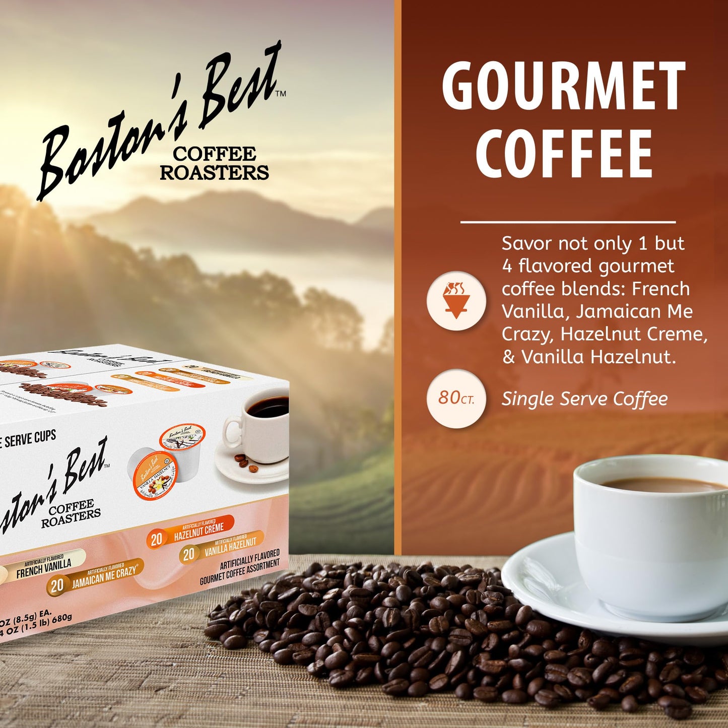 Boston’s Best Coffee Roasters Single Serve Cups - Assorted Coffee Pods - French Vanilla, Jamaican Me Crazy, Hazelnut Crème & Vanilla Hazelnut - 80 Ct