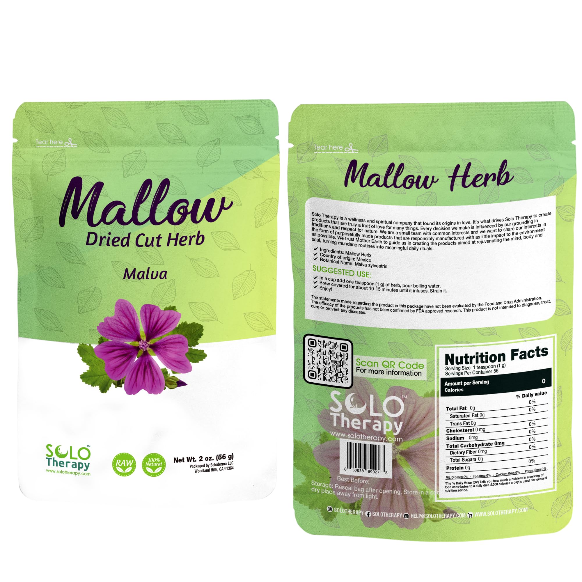 Mallow Herb 2 ounces - Resealable Bag - Malva Tea, Malva Leaves, Mallow Tea, 2 ounces, Product From Mexico