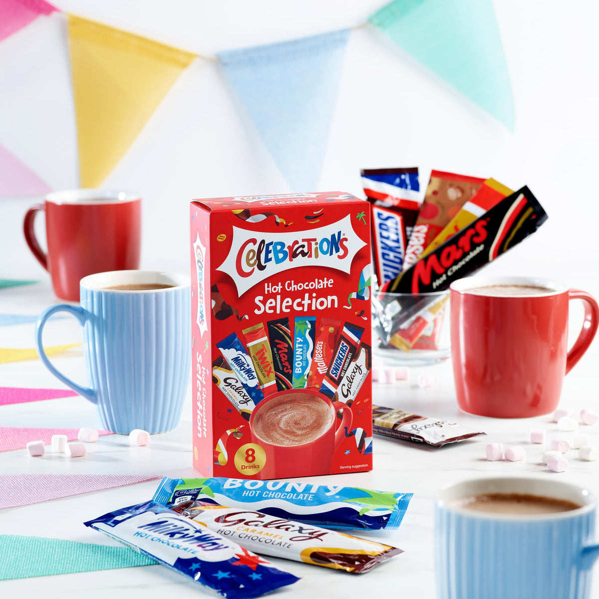 CelEBraTioNs Hot Chocolate Selection 8 x 25g. Falvours inc. Galaxy Caramel, Galaxy, Snickers, Maltesers Mars, Twix, MilikyWay. Imported from