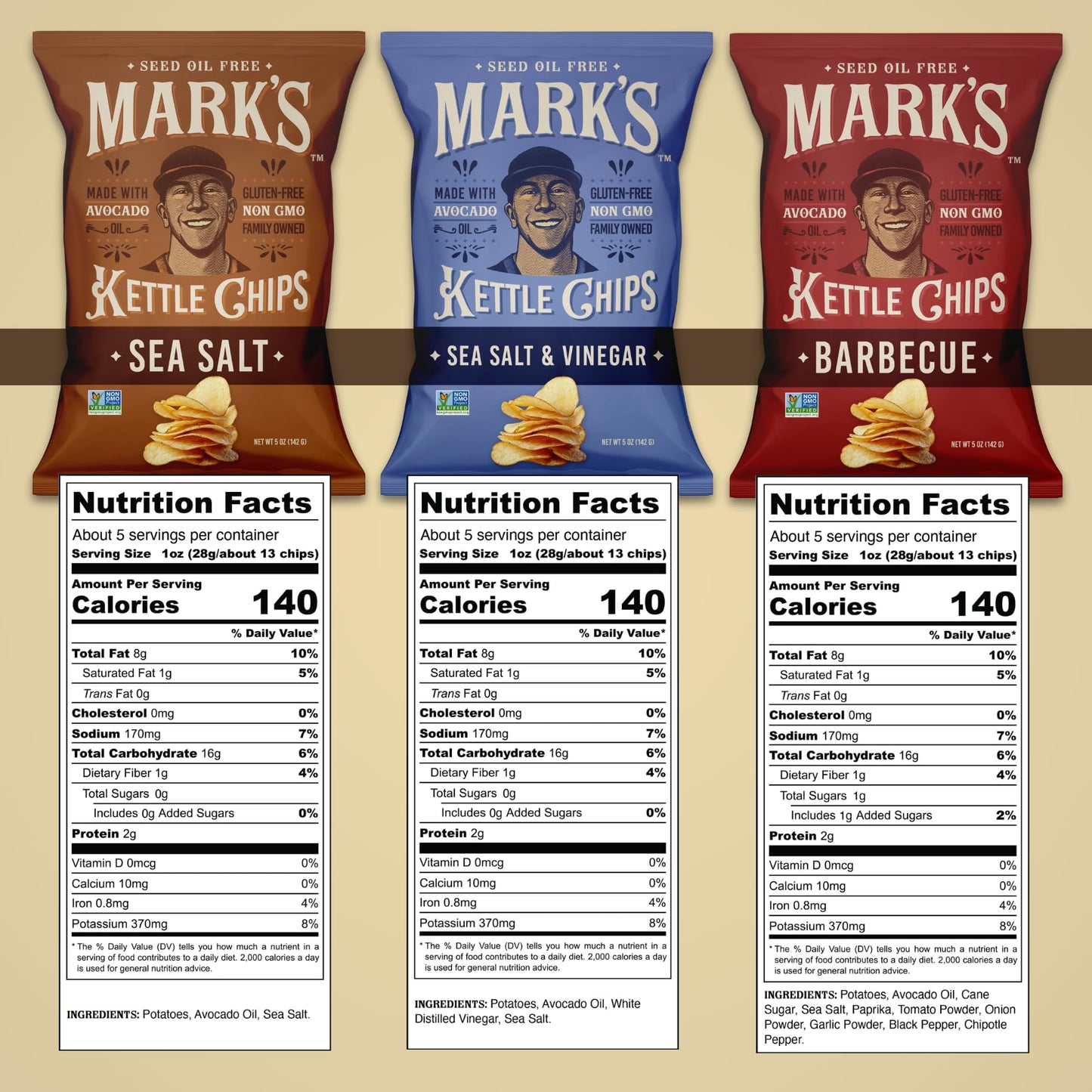 MARK’S Kettle Cooked Avocado Oil Potato Chips, Variety Pack - Gluten Free and Seed Oil Free | 3-Flavor Variety Pack, 5 oz (Pack of 3) | Gluten Free