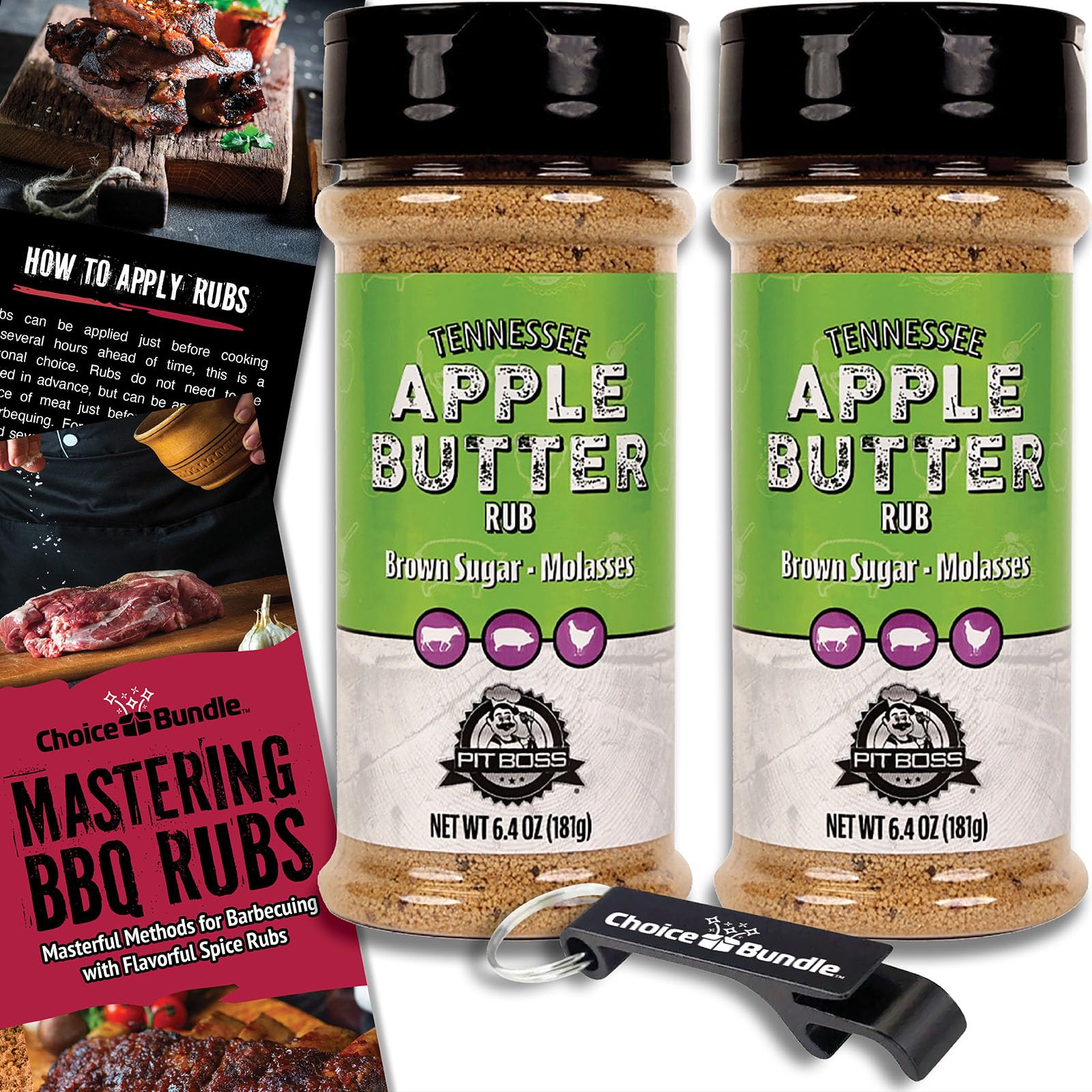 Pit Boss Tennessee Apple Butter Premium BBQ Barbecue Mixed Seasoning Spice & Rub 2 pk Choice Bundle (12.8 oz) + Guide & Keychain Bottle Opener (4