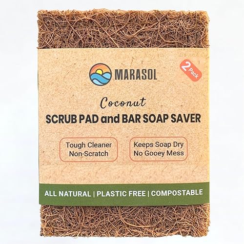 Marasol Soap Saver and Scrub Pad (2) | Coconut Fiber - Compostable | Plastic Free - Zero Waste | Bar Soap Holder | Tough Non-Scratch Scour Pad |