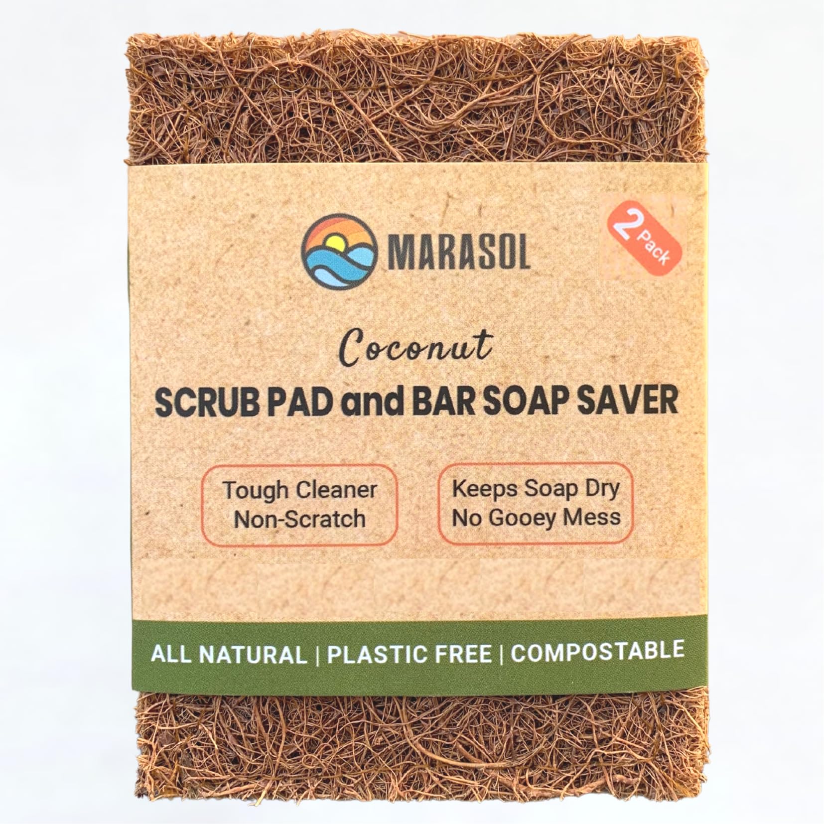 Marasol Soap Saver and Scrub Pad (2) | Coconut Fiber - Compostable | Plastic Free - Zero Waste | Bar Soap Holder | Tough Non-Scratch Scour Pad |